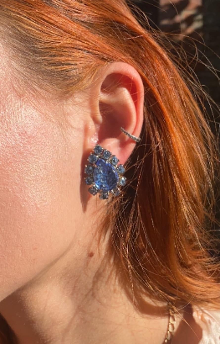1950s Blue Leaf Motif Diamante & Glass Clip-on Earrings For Sale 1