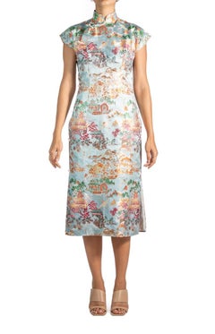 1950S Blue Multicolored Silk Brocade Qi Pao  Dress