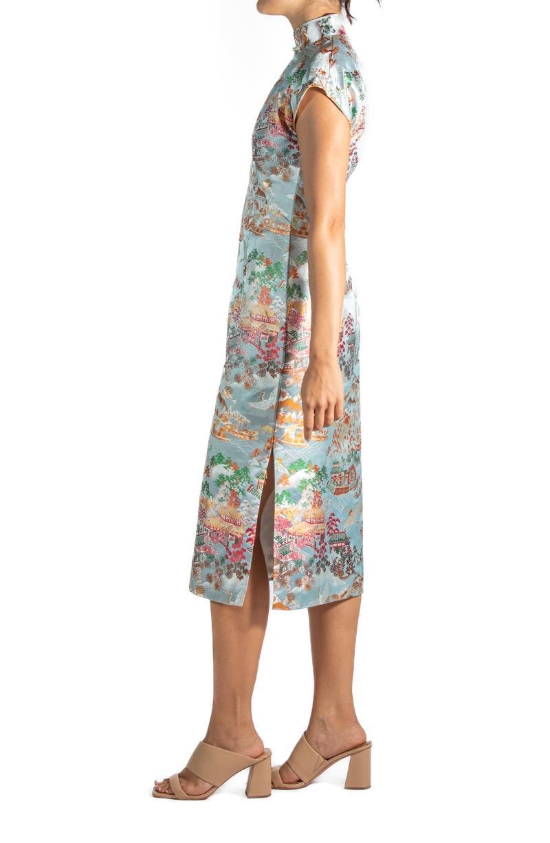 Beige 1950S Blue Multicolored Silk Brocade Qi Pao  Dress For Sale