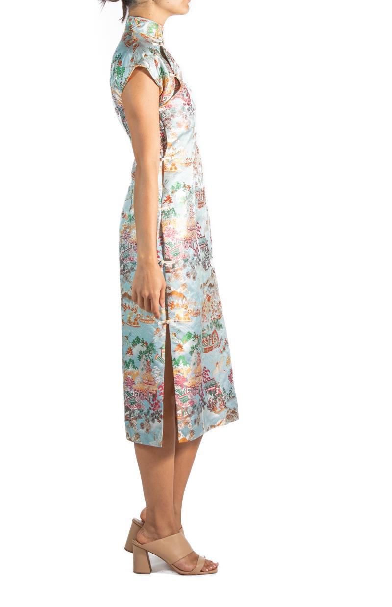 1950S Blue Multicolored Silk Brocade Qi Pao  Dress In Good Condition For Sale In New York, NY