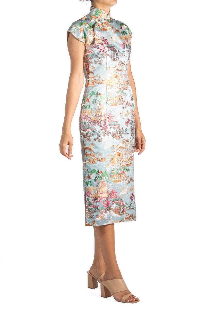Women's 1950S Blue Multicolored Silk Brocade Qi Pao  Dress For Sale