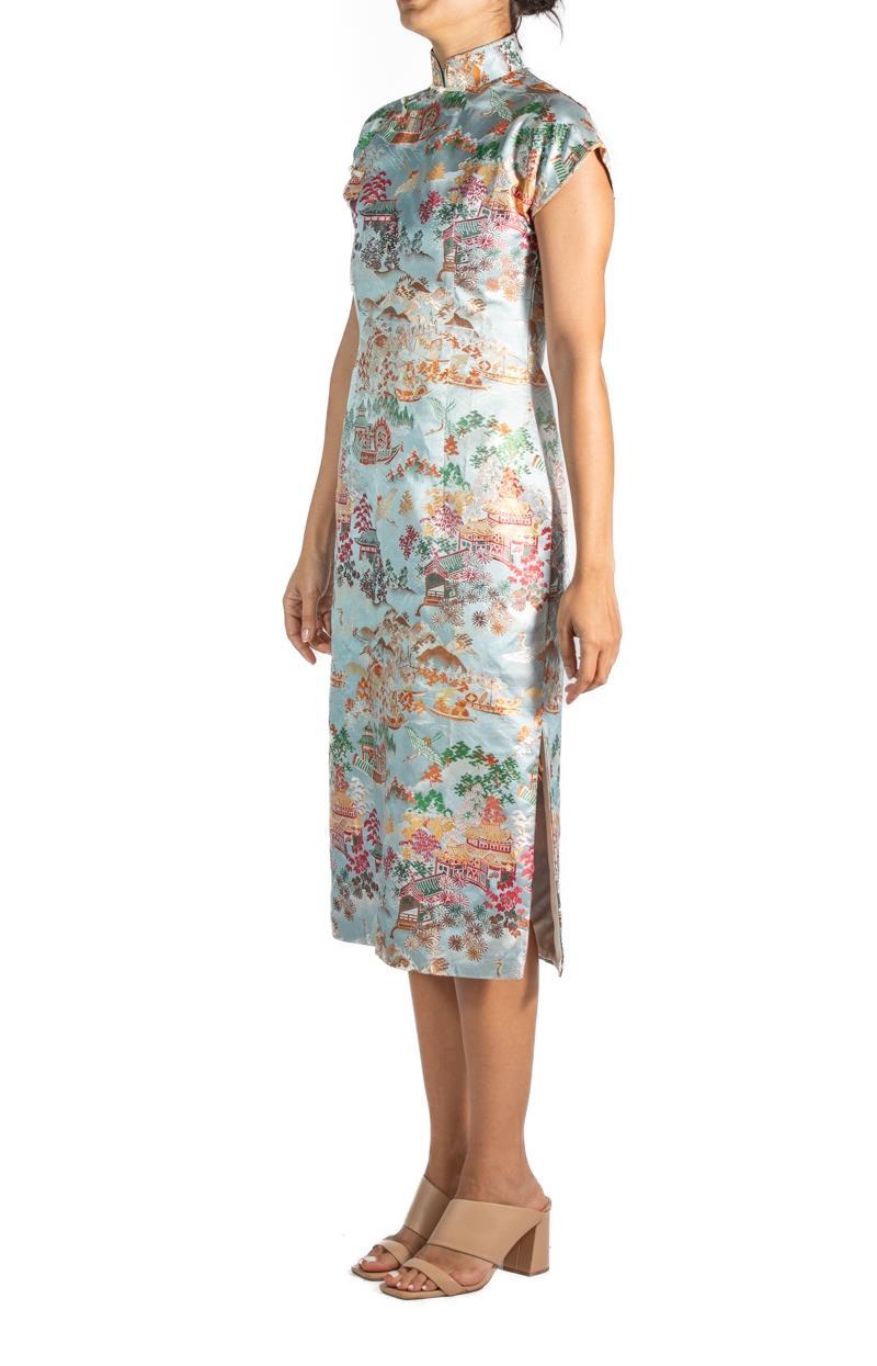 1950S Blue Multicolored Silk Brocade Qi Pao  Dress For Sale 1