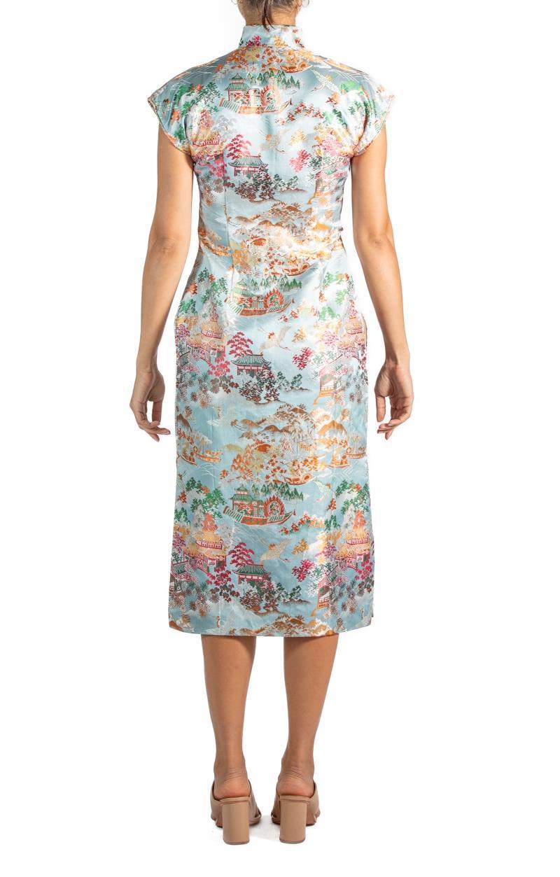 1950S Blue Multicolored Silk Brocade Qi Pao  Dress For Sale 2