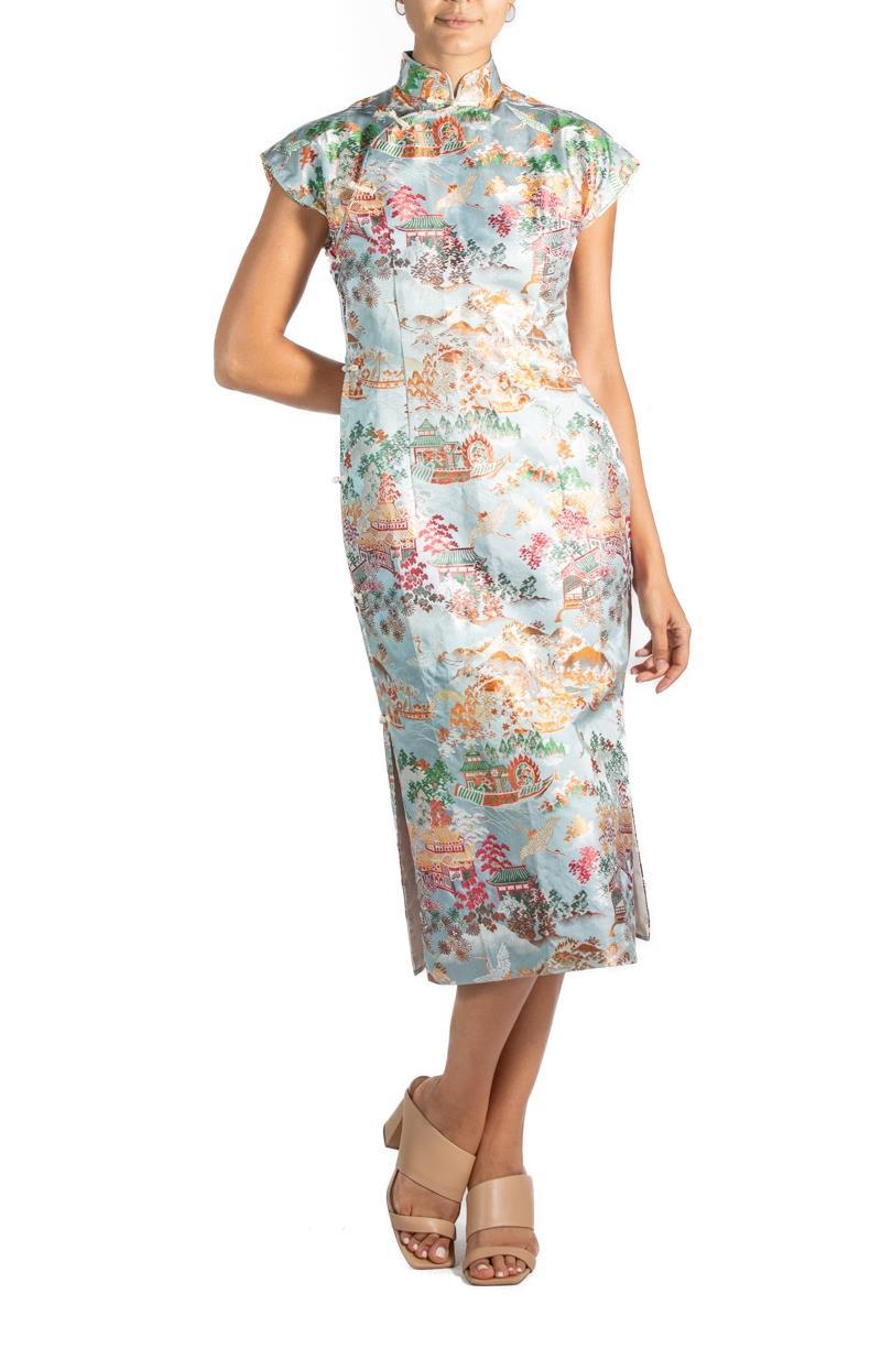 1950S Blue Multicolored Silk Brocade Qi Pao  Dress For Sale 3