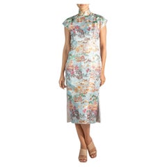 Vintage 1950S Blue Multicolored Silk Brocade Qi Pao  Dress