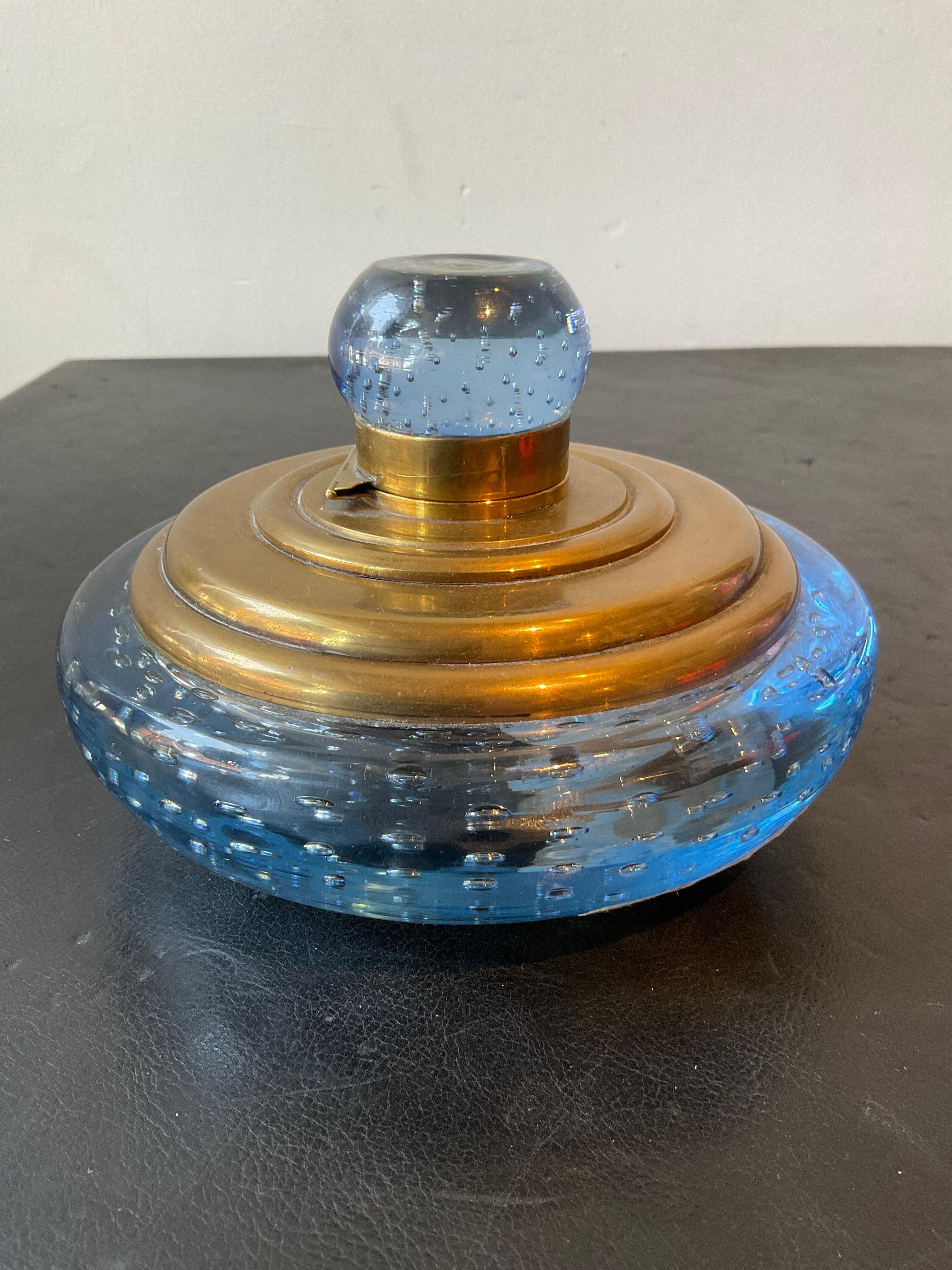 1950s Blue Murano glass And Brass Inkwell 5