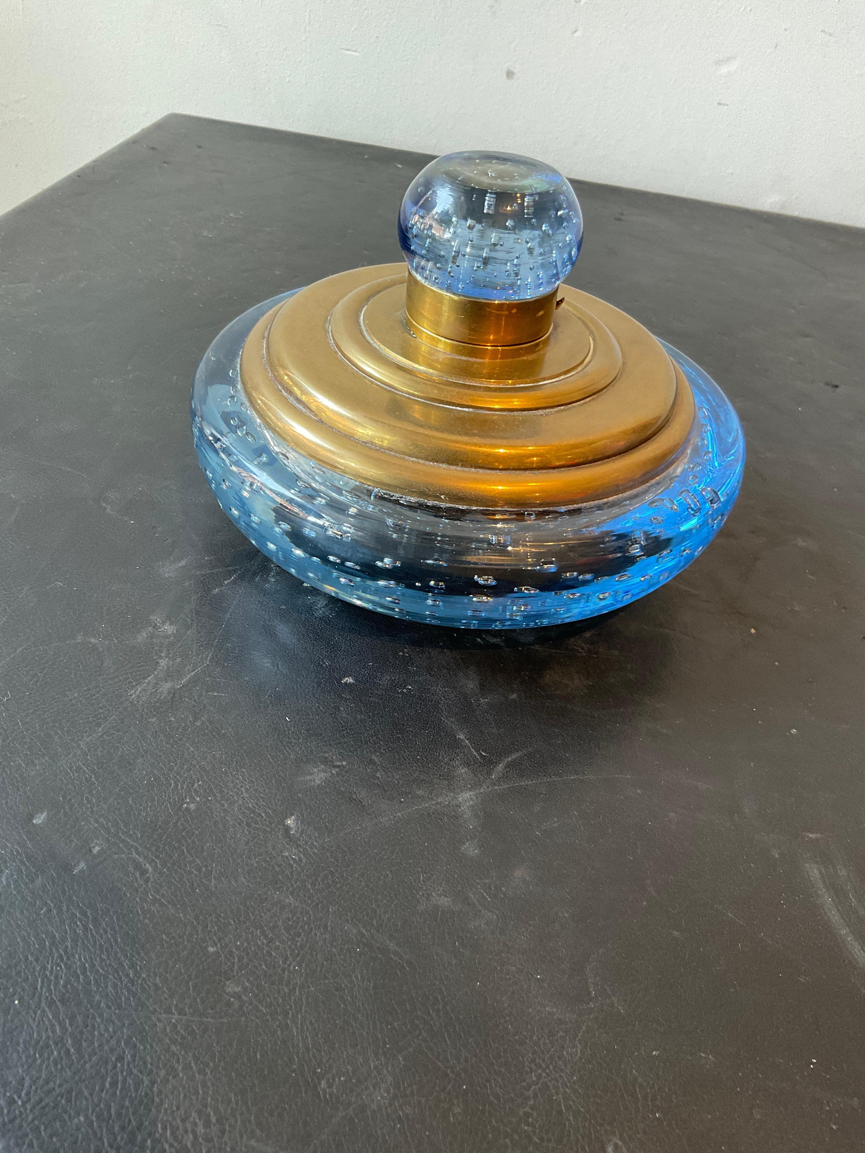 1950s Blue Murano glass And Brass Inkwell In Good Condition In Tarrytown, NY