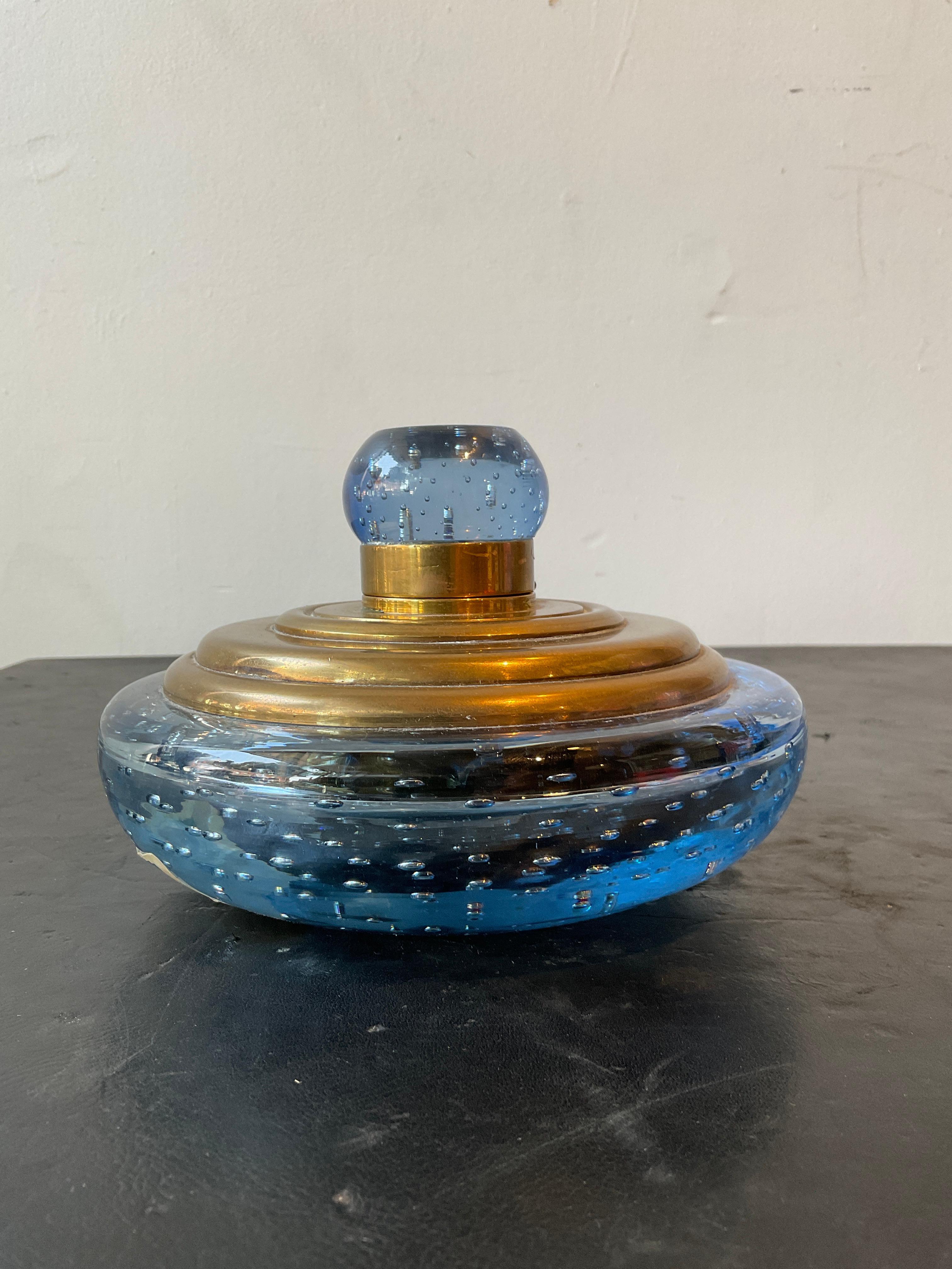 Mid-20th Century 1950s Blue Murano glass And Brass Inkwell
