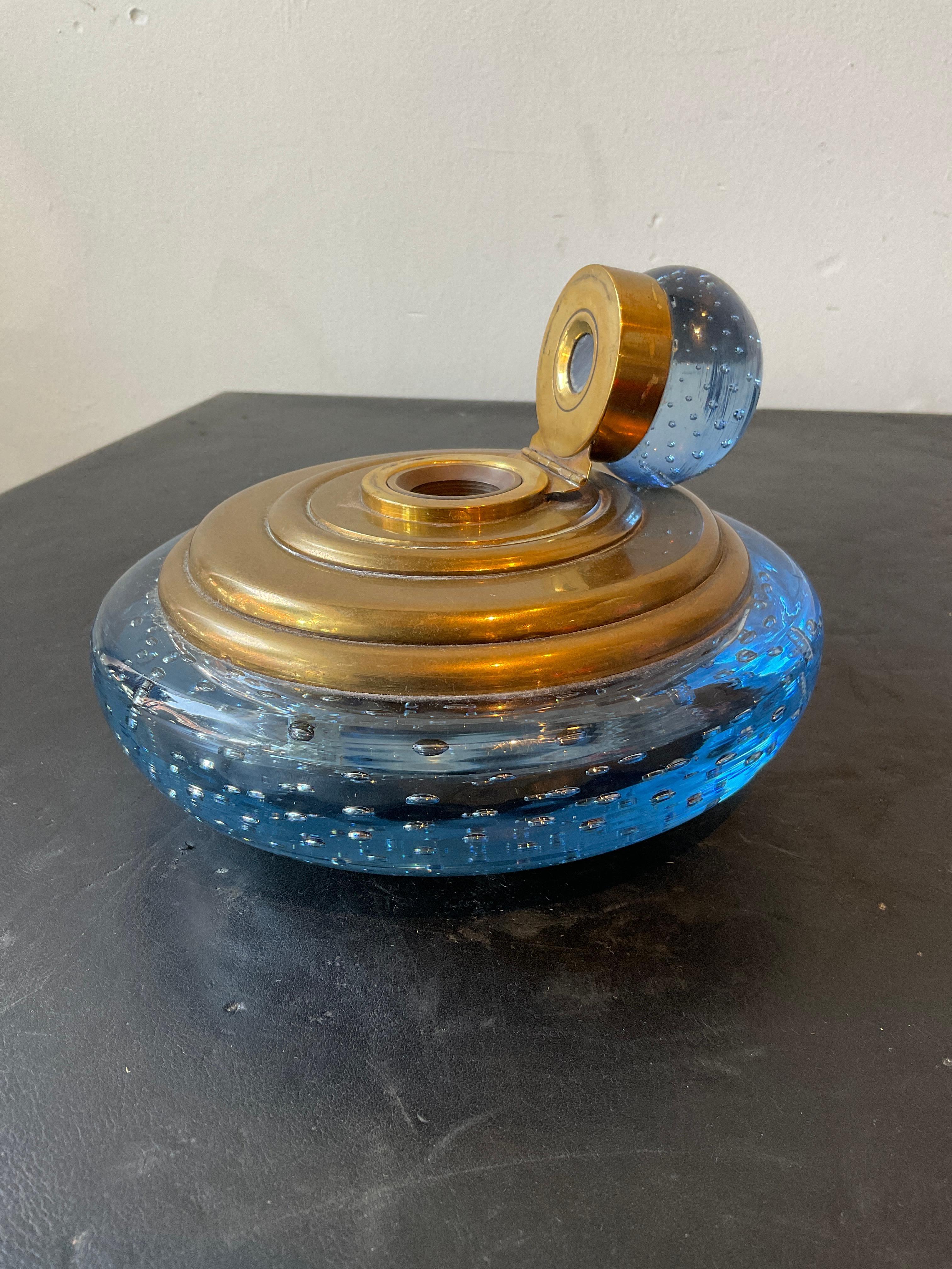Murano Glass 1950s Blue Murano glass And Brass Inkwell