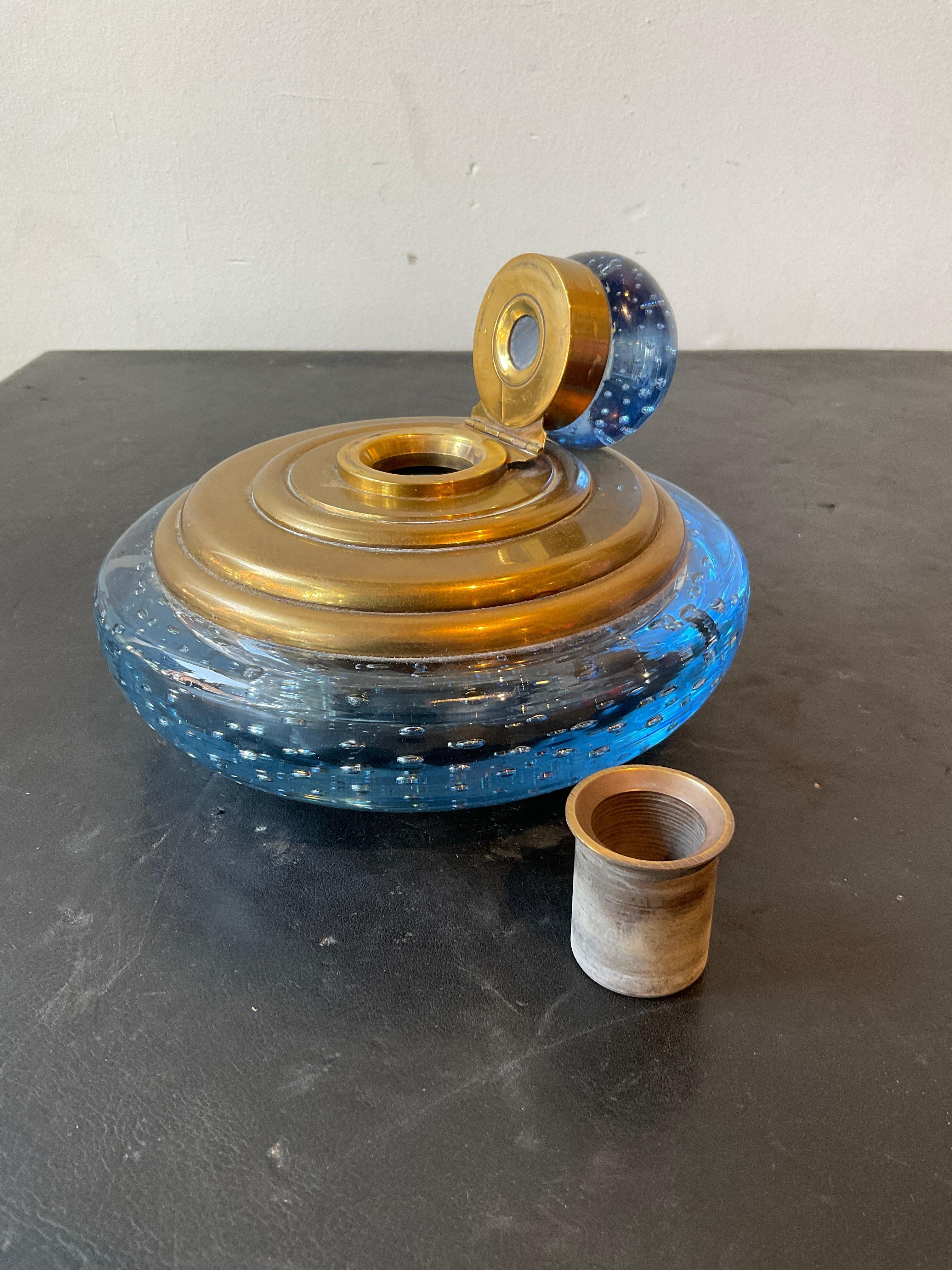 1950s Blue Murano glass And Brass Inkwell 1