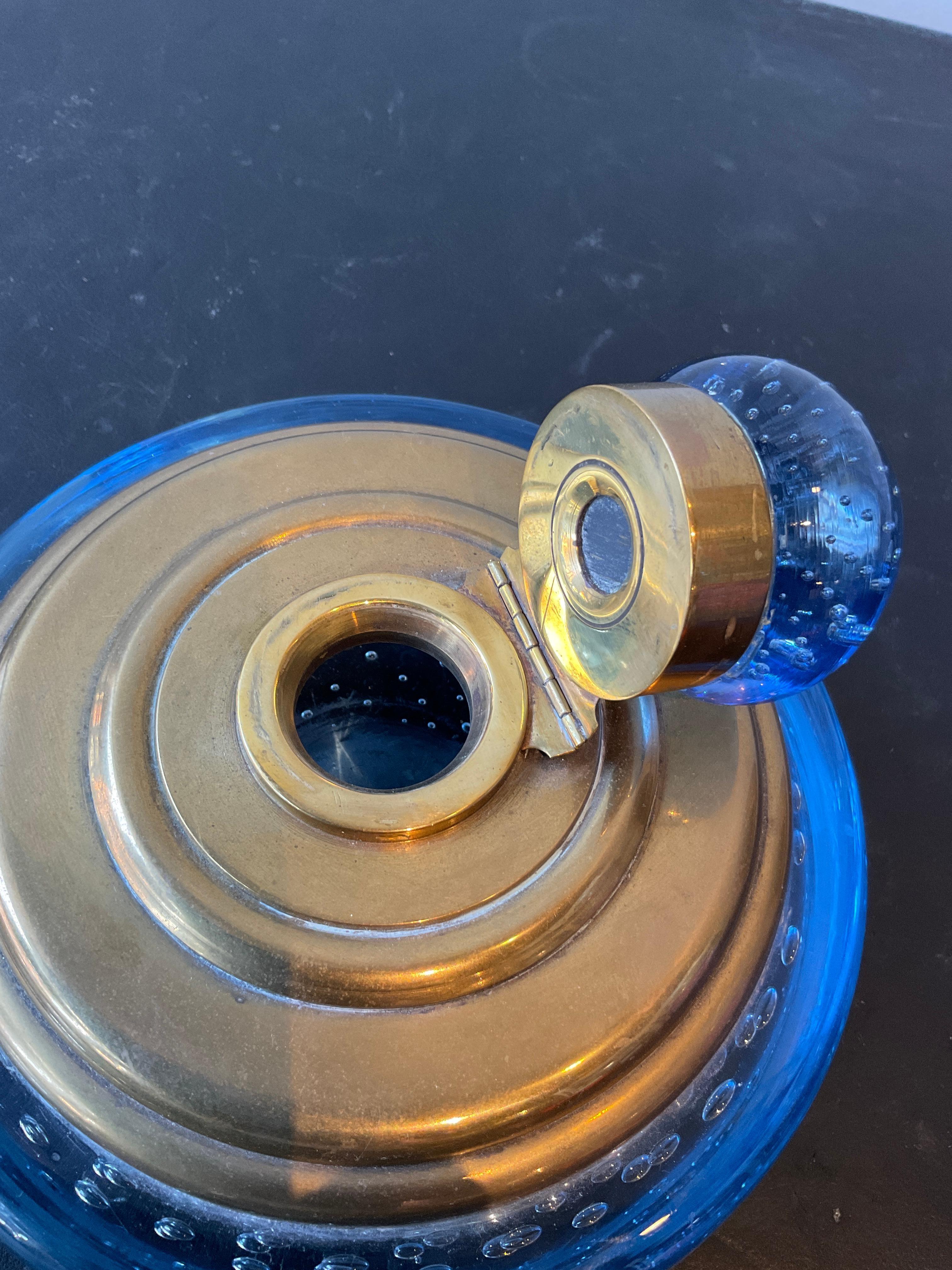 1950s Blue Murano glass And Brass Inkwell 2