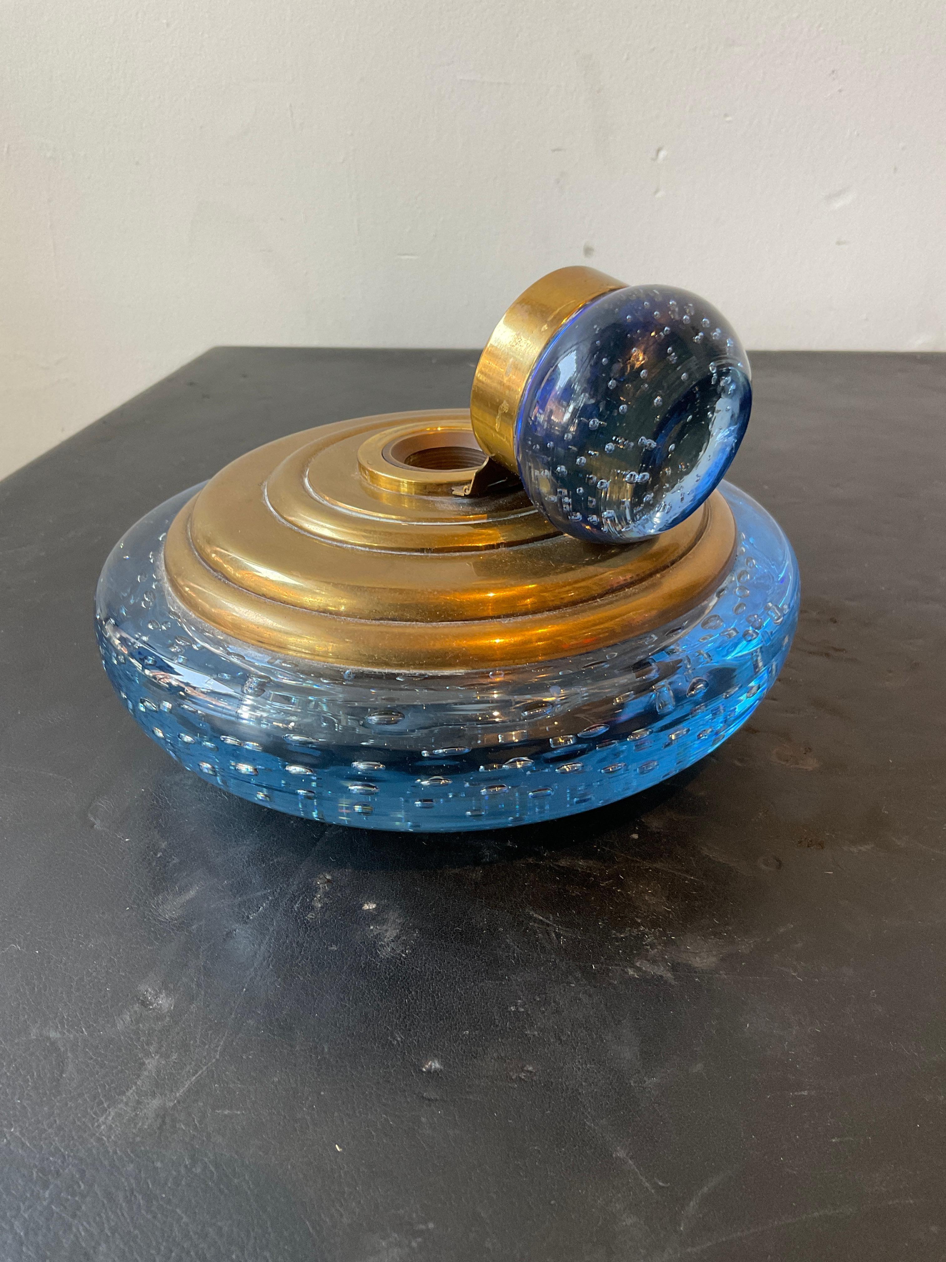 1950s Blue Murano glass And Brass Inkwell 3
