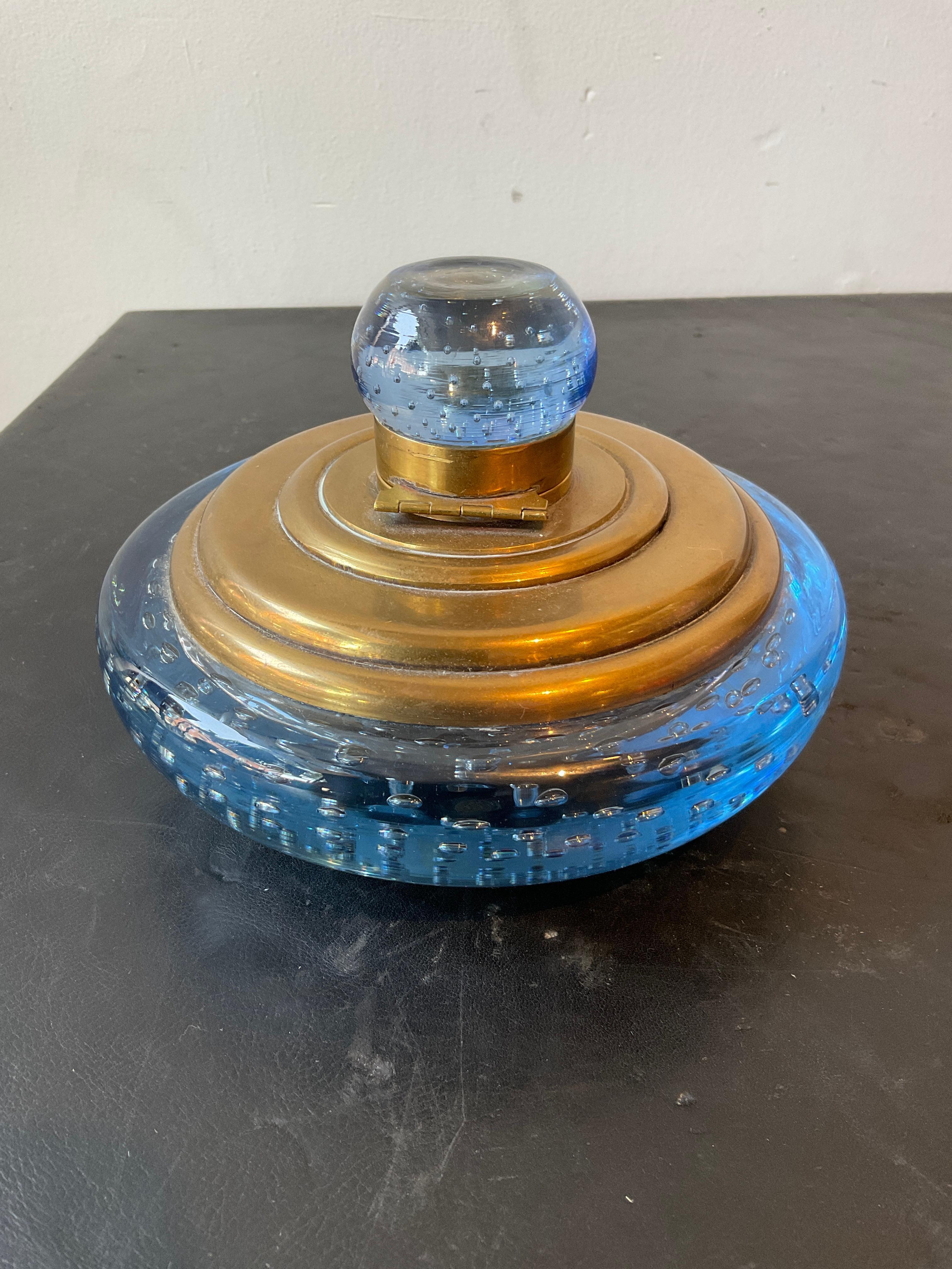 1950s Blue Murano glass And Brass Inkwell 4