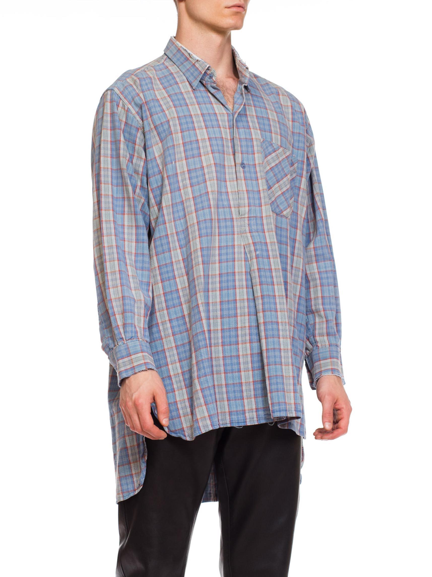 1950S Blue Plaid Cotton Men's Tunic Shirt For Sale 1