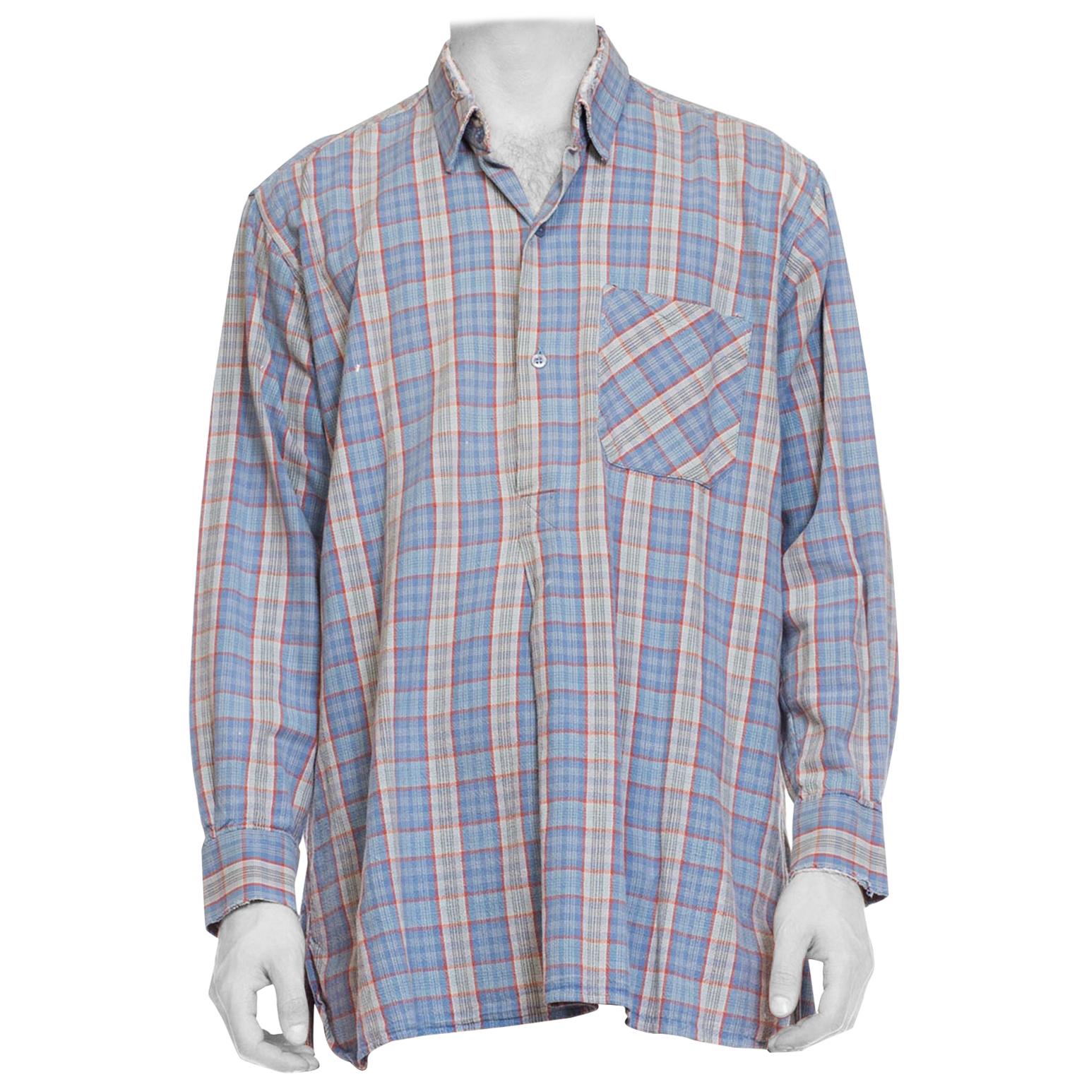 1950S Blue Plaid Cotton Men's Tunic Shirt For Sale