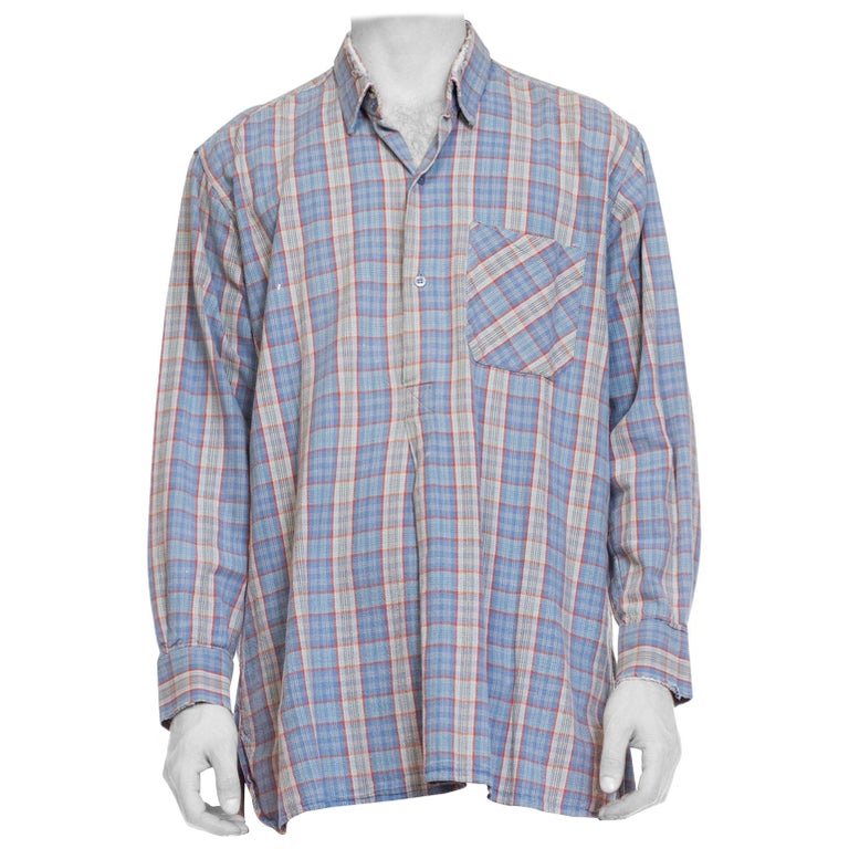 1950S Blue Plaid Cotton Men's Tunic Shirt For Sale at 1stDibs