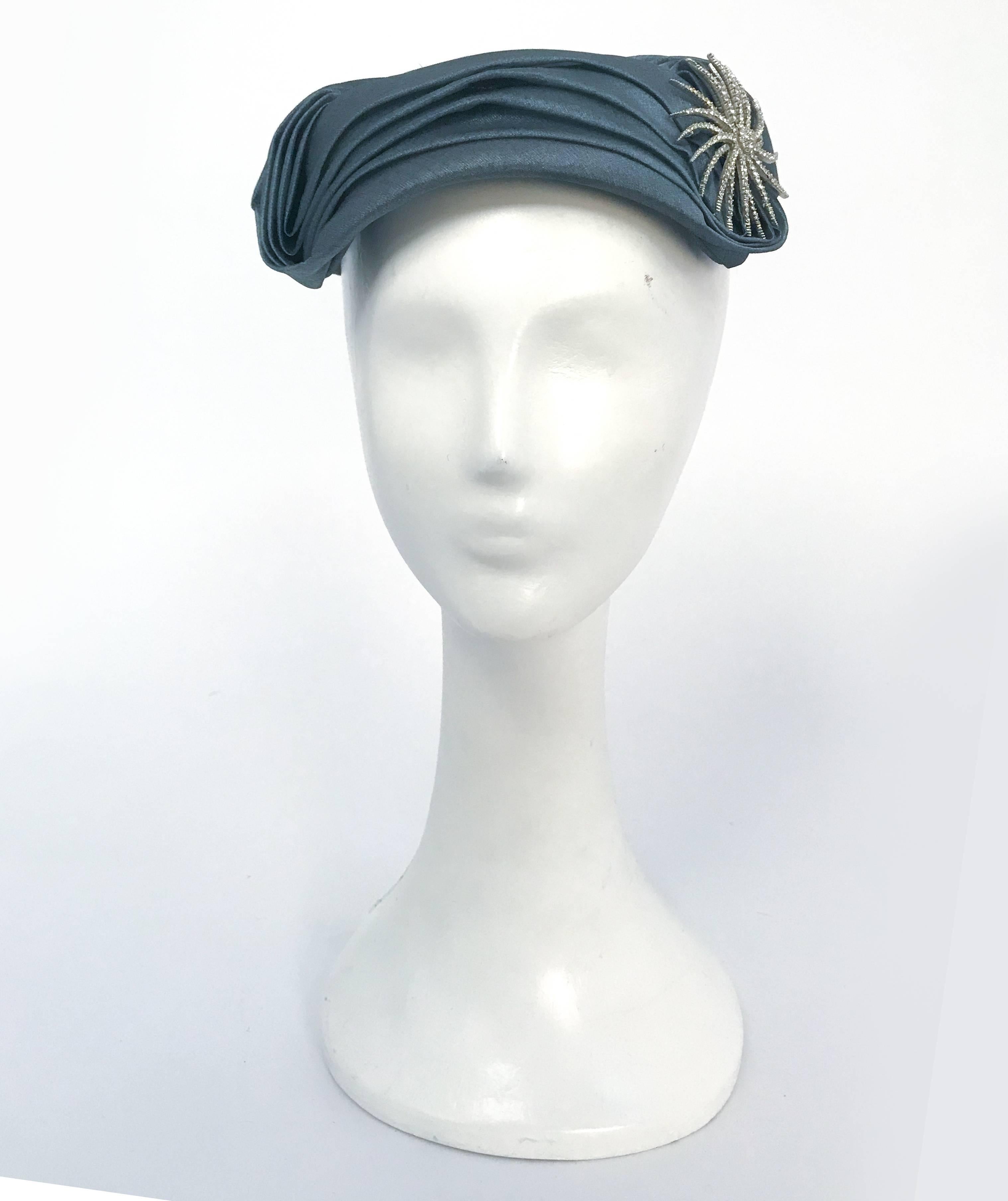 1950s Blue Pleated Cocktail Hat w/ Starburst Rhinestone Brooch. 