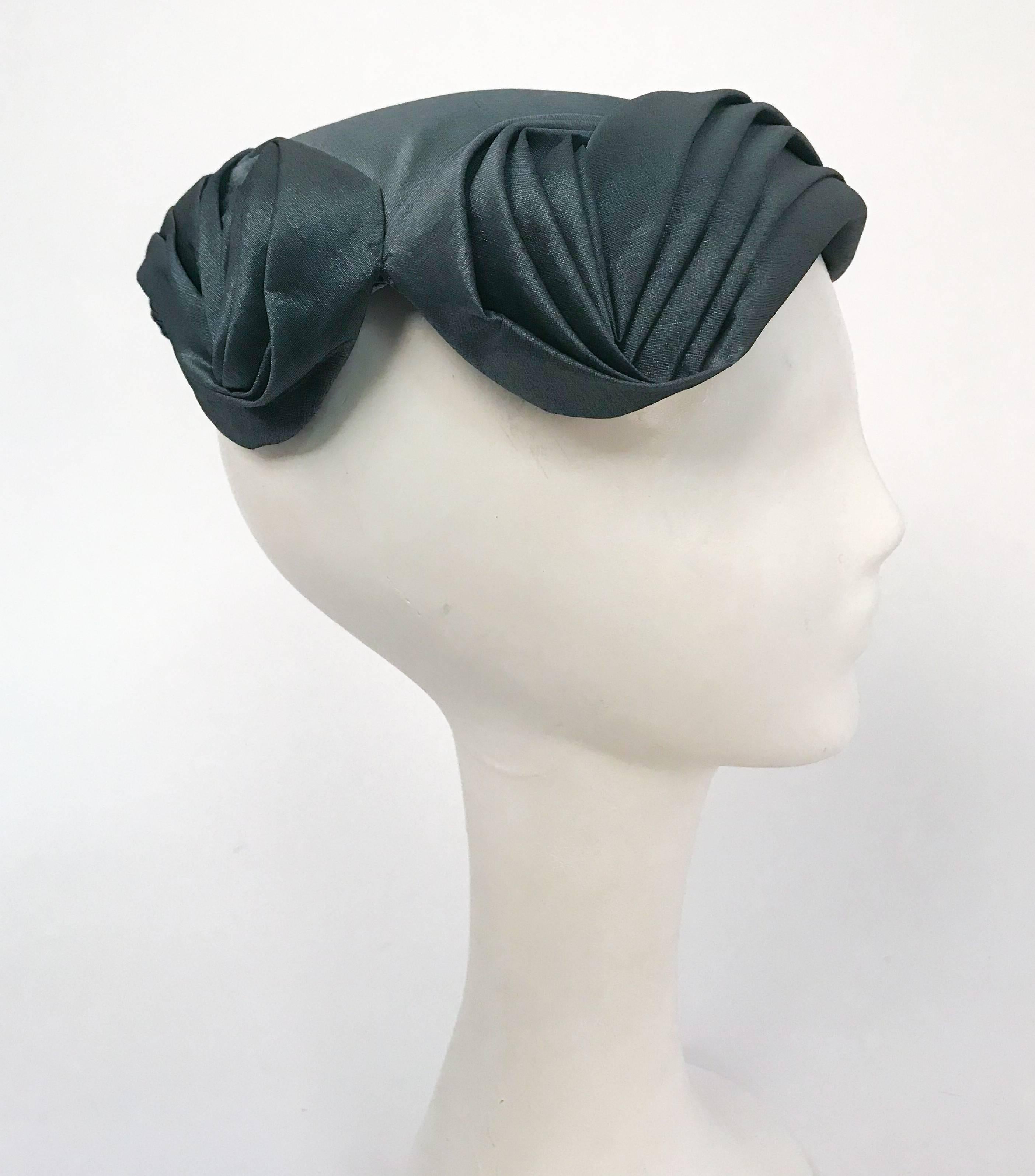 Gray Blue Pleated Cocktail Hat with Starburst Rhinestone Brooch, 1950s 