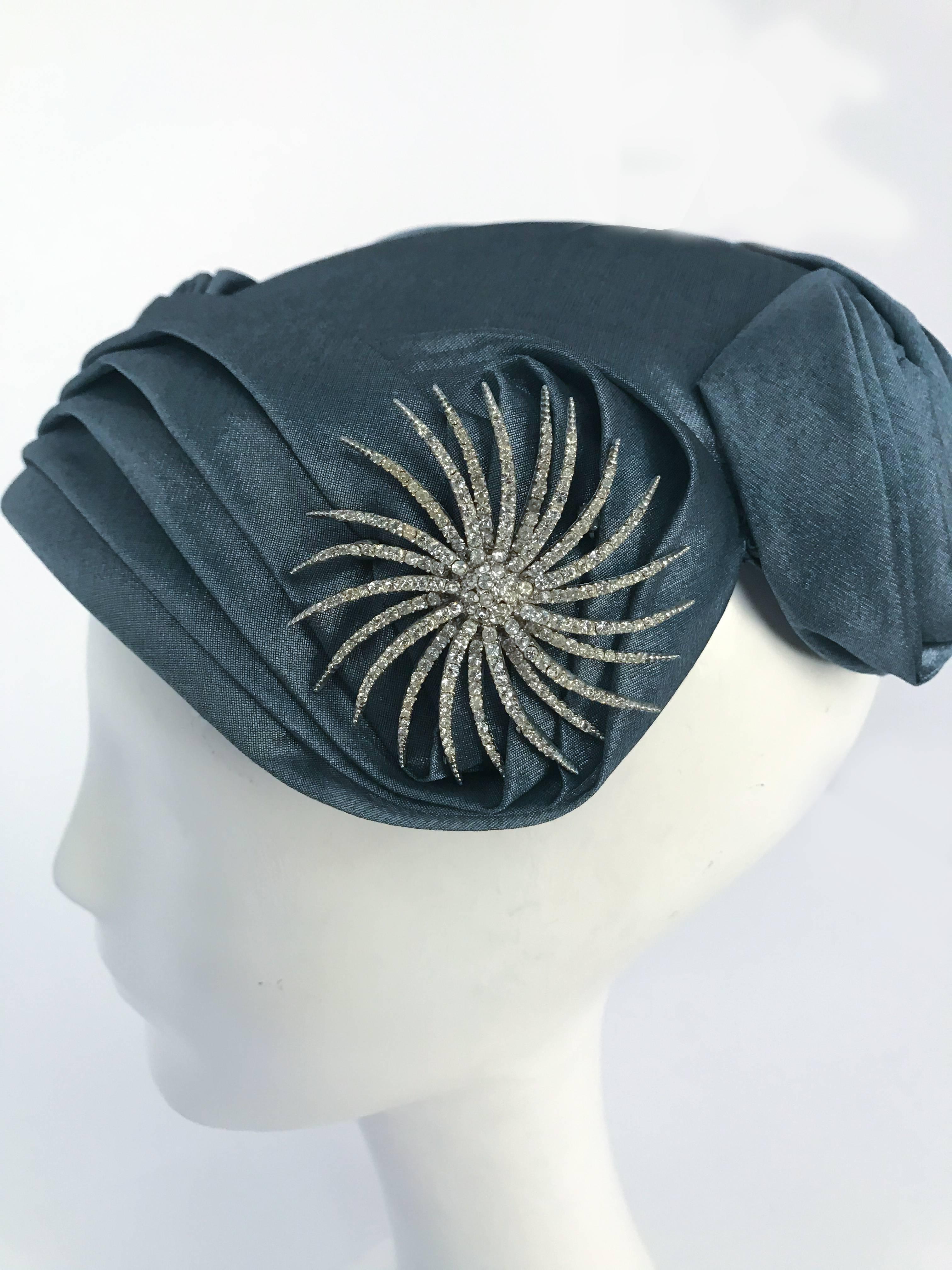 Women's Blue Pleated Cocktail Hat with Starburst Rhinestone Brooch, 1950s 