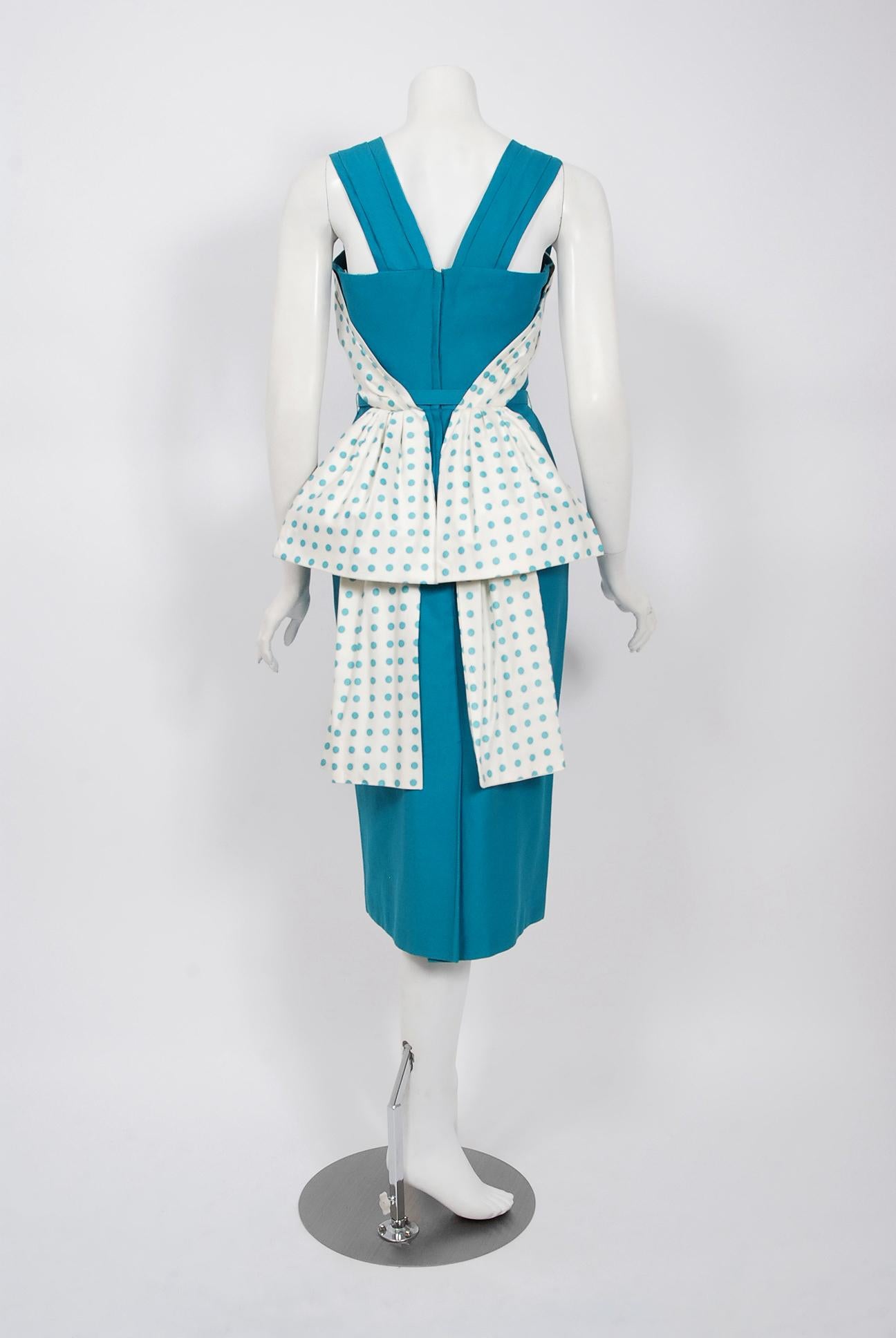 Vintage 1950's Blue Polka-Dot Cotton Pique Shelf-Bust Fishtail Wiggle Sun Dress  In Good Condition In Beverly Hills, CA