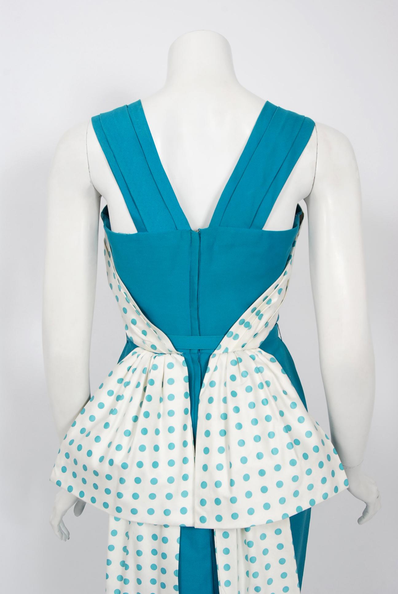 Women's Vintage 1950's Blue Polka-Dot Cotton Pique Shelf-Bust Fishtail Wiggle Sun Dress 