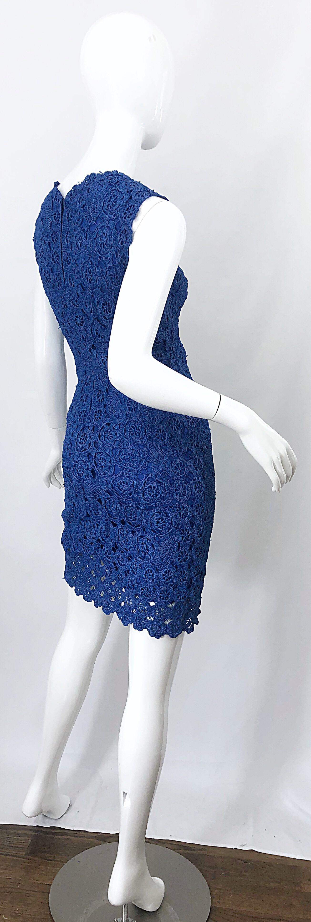 1950s Blue Raffia Demi Couture Beautiful Vintage Crochet 50s Wiggle Dress For Sale 5