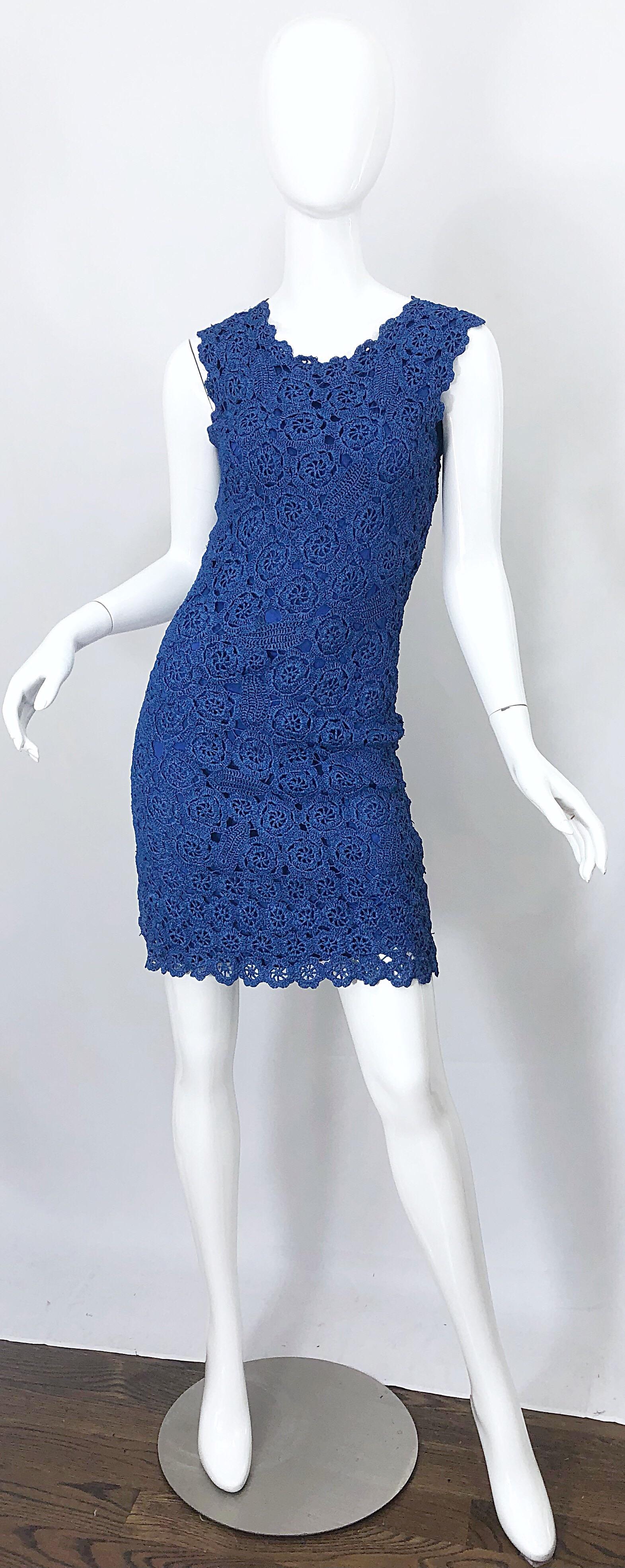 1950s Blue Raffia Demi Couture Beautiful Vintage Crochet 50s Wiggle Dress For Sale 6