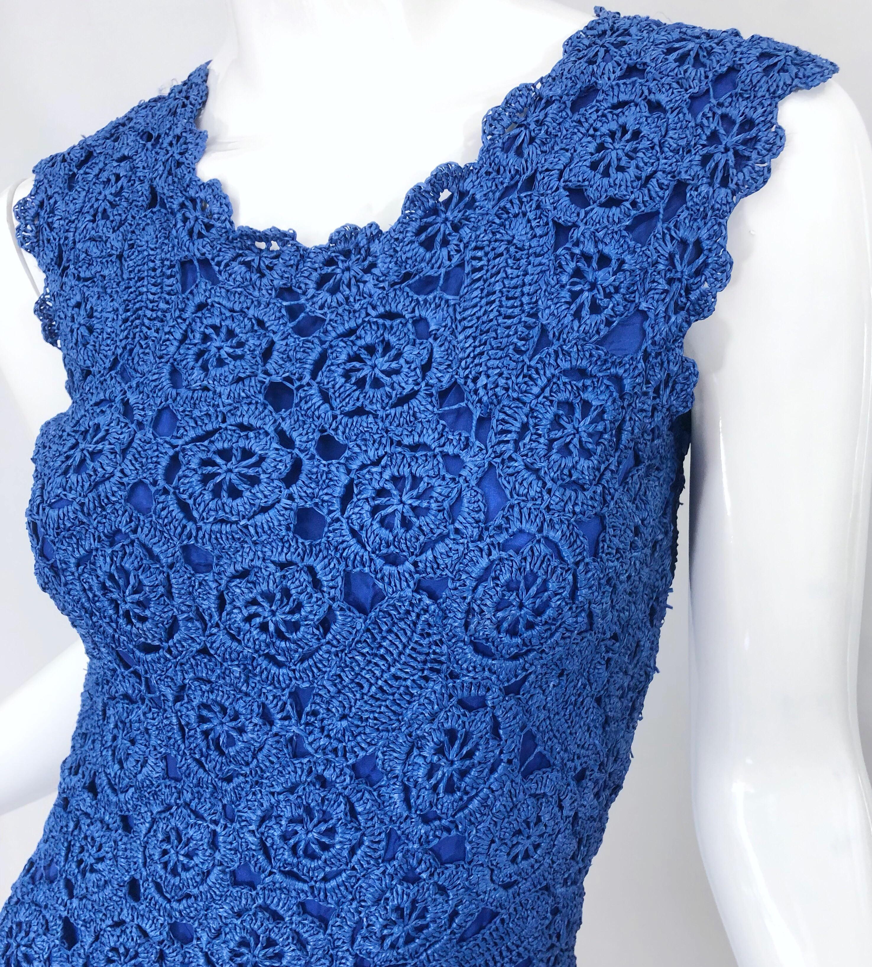 1950er Jahre Blau Raffia Demi Couture Schönes Vintage gehäkeltes 50er Jahre Wiggle Kleid Damen im Angebot