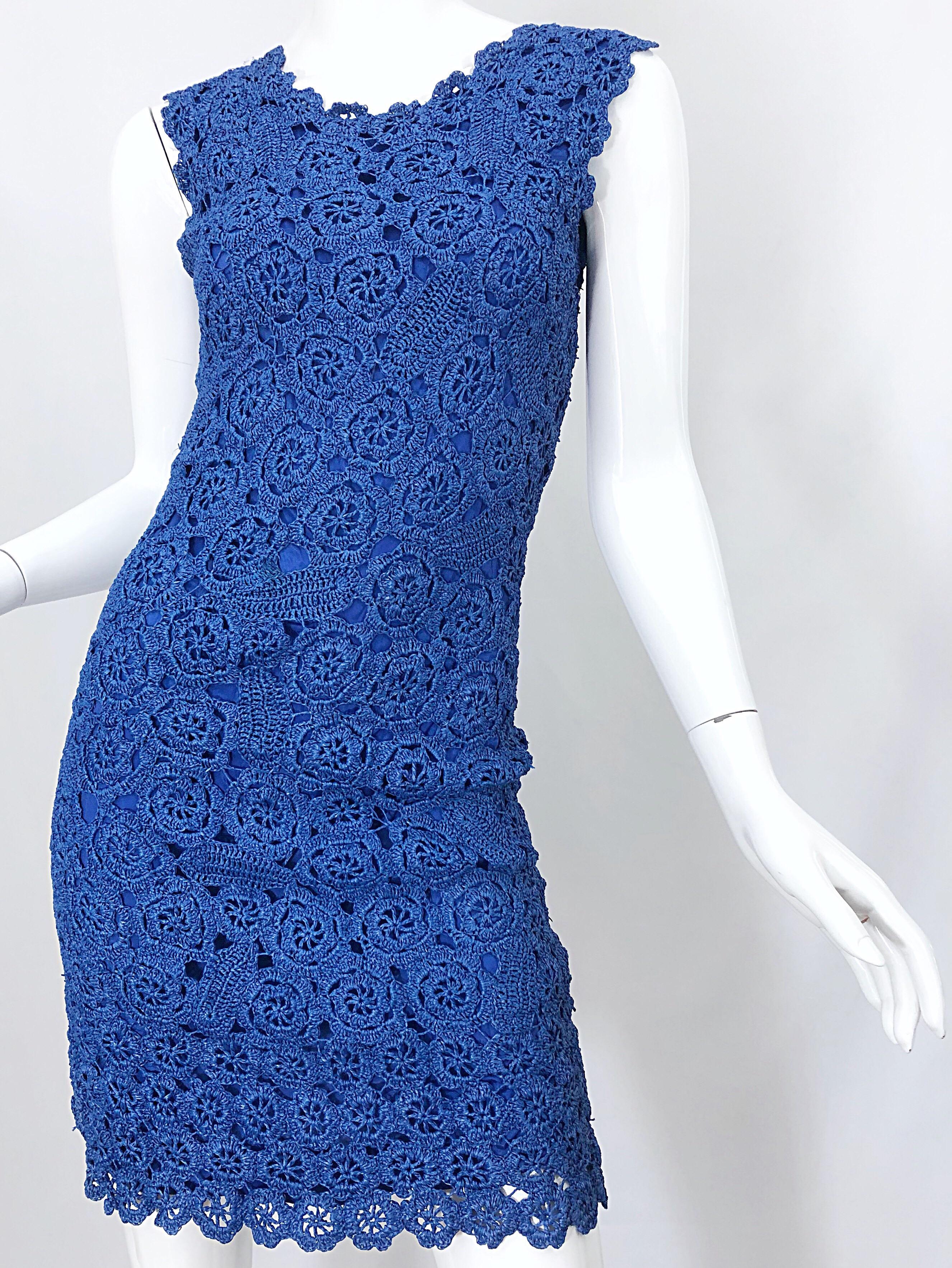 1950er Jahre Blau Raffia Demi Couture Schönes Vintage gehäkeltes 50er Jahre Wiggle Kleid im Angebot 1