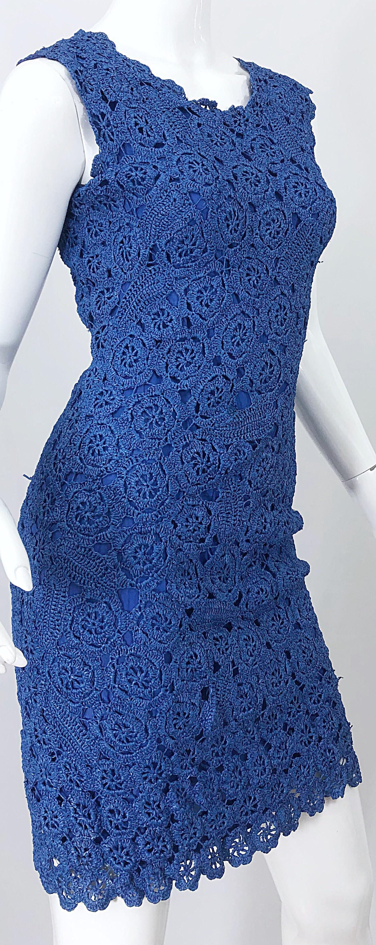 Women's 1950s Blue Raffia Demi Couture Beautiful Vintage Crochet 50s Wiggle Dress For Sale