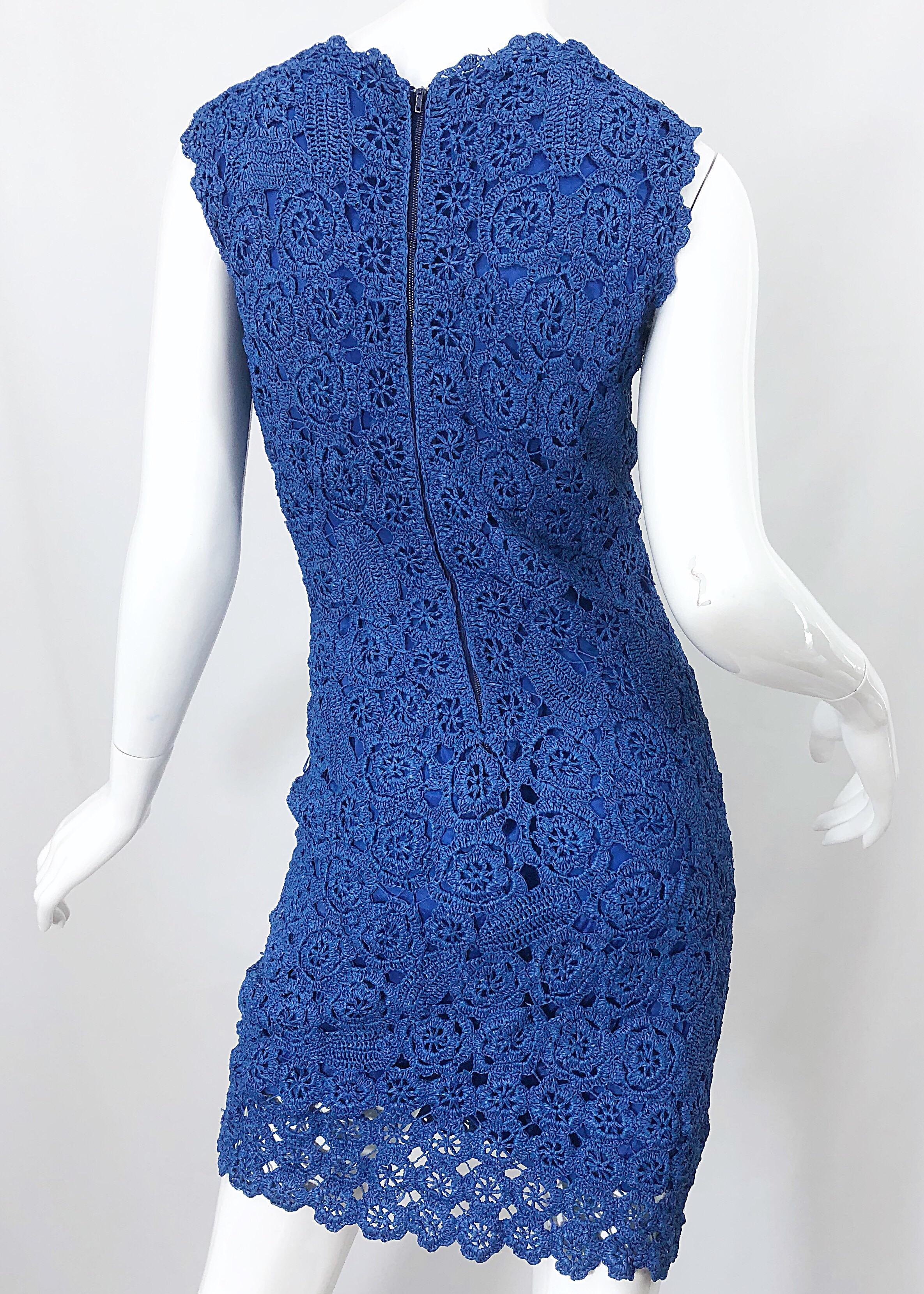 1950s Blue Raffia Demi Couture Beautiful Vintage Crochet 50s Wiggle Dress For Sale 2