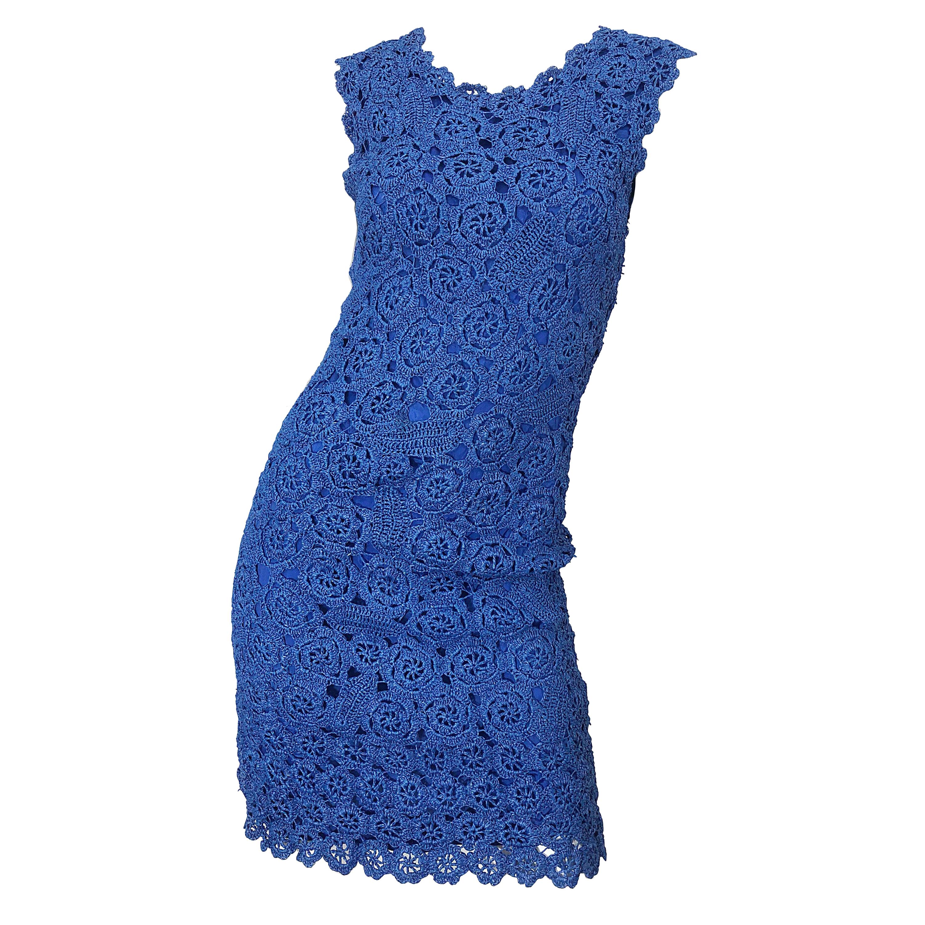 1950s Blue Raffia Demi Couture Beautiful Vintage Crochet 50s Wiggle Dress For Sale