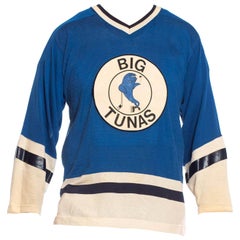Vintage 1950S Blue Rayon Blend Knit Men's "Big Tunas" Hockey Jersey Shirt