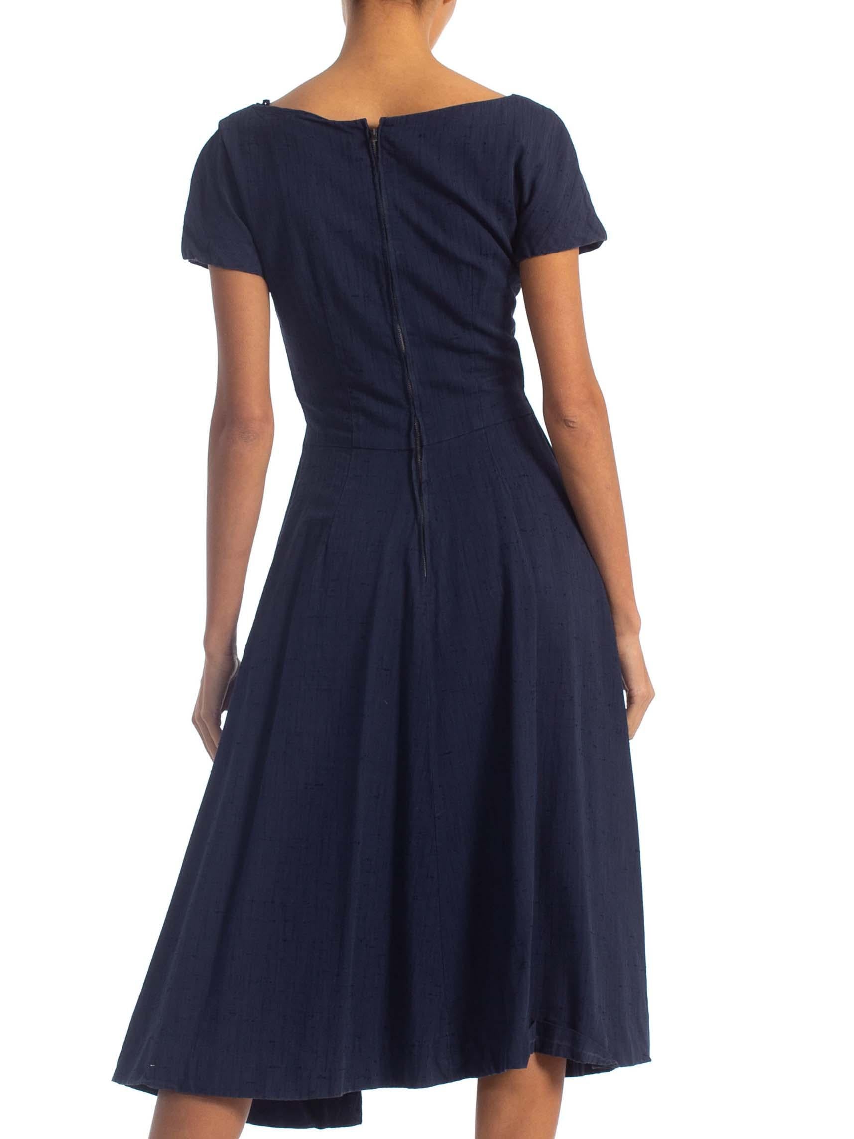 1950S SUZY PERETTE Navy Blue Cotton Blend Asymmetrical Drape Fit & Flare Dress 3