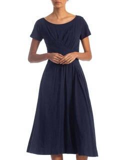 1950S Suzy Perette - Vestito asimmetrico in misto cotone blu navy con drappeggio e svasatura