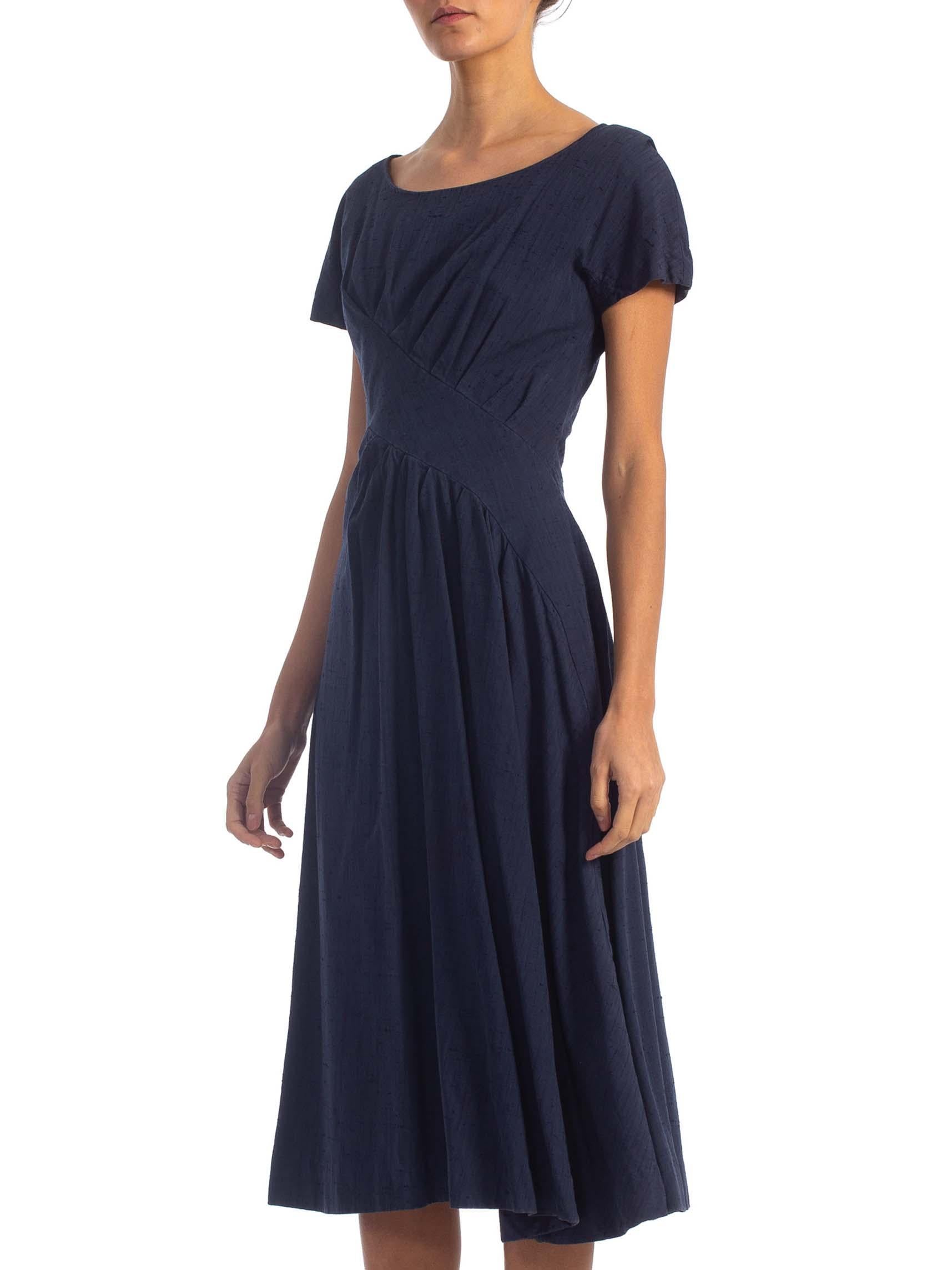 Black 1950S SUZY PERETTE Navy Blue Cotton Blend Asymmetrical Drape Fit & Flare Dress