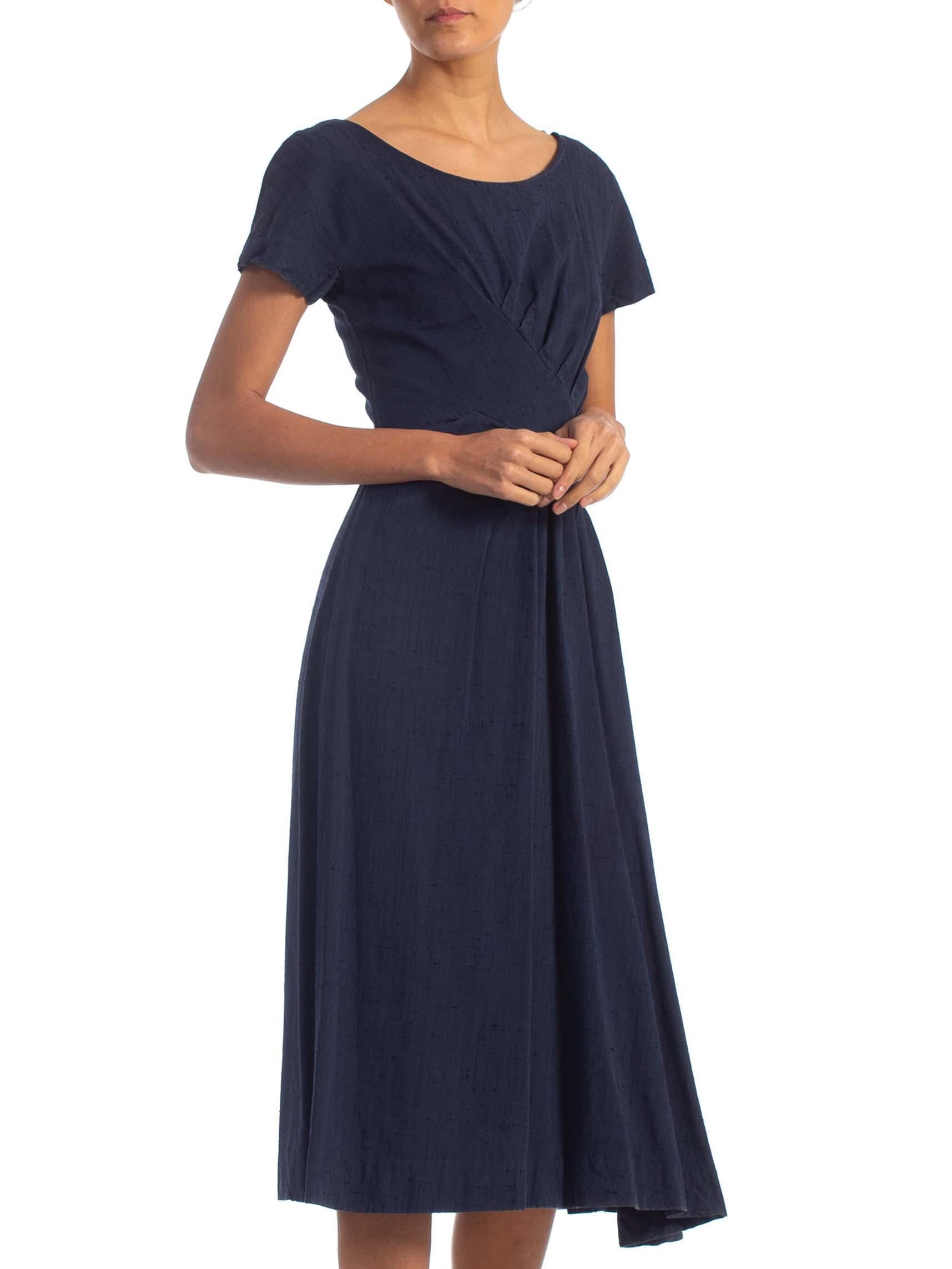 Women's 1950S SUZY PERETTE Navy Blue Cotton Blend Asymmetrical Drape Fit & Flare Dress
