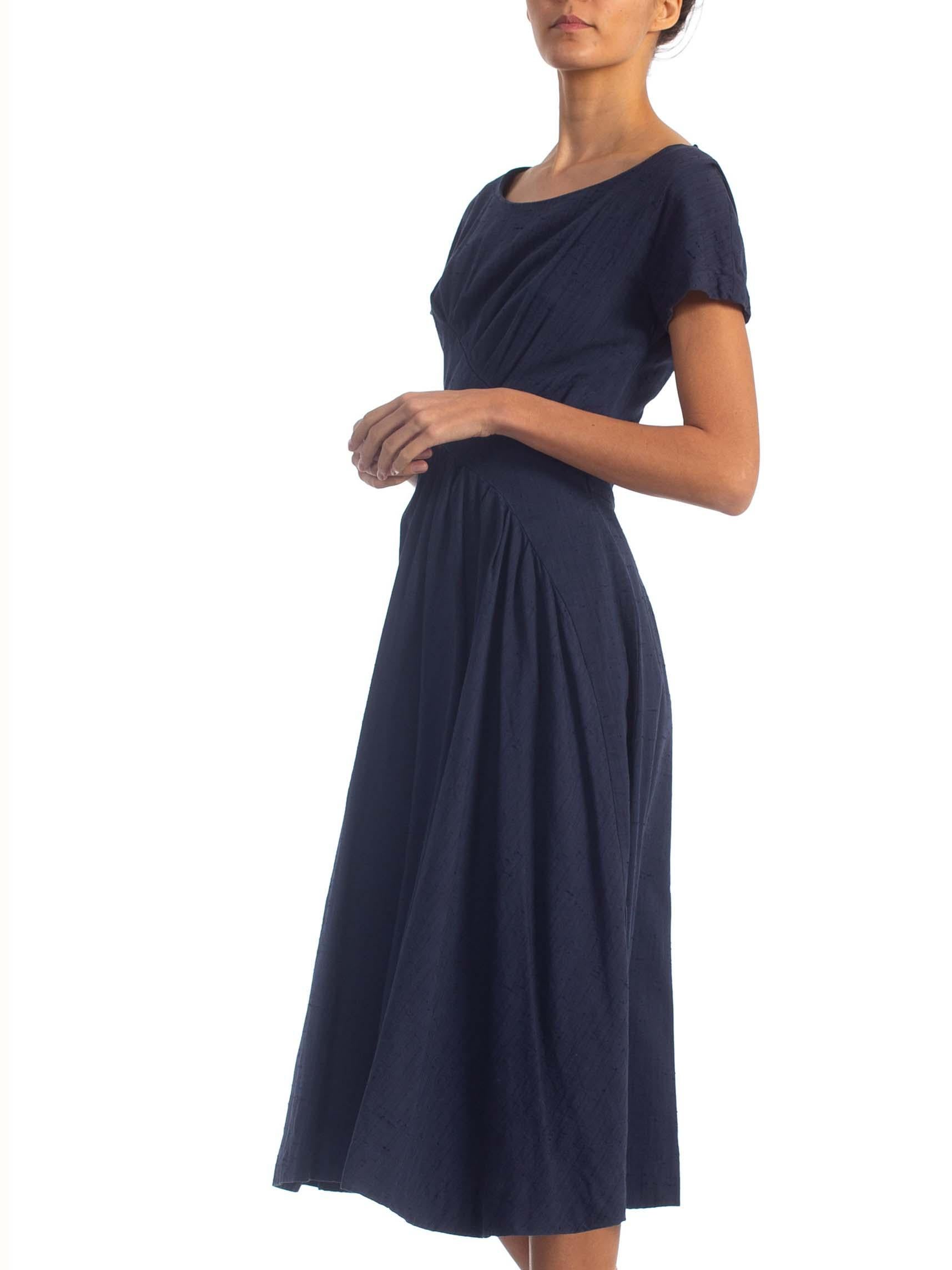 1950S SUZY PERETTE Navy Blue Cotton Blend Asymmetrical Drape Fit & Flare Dress 1