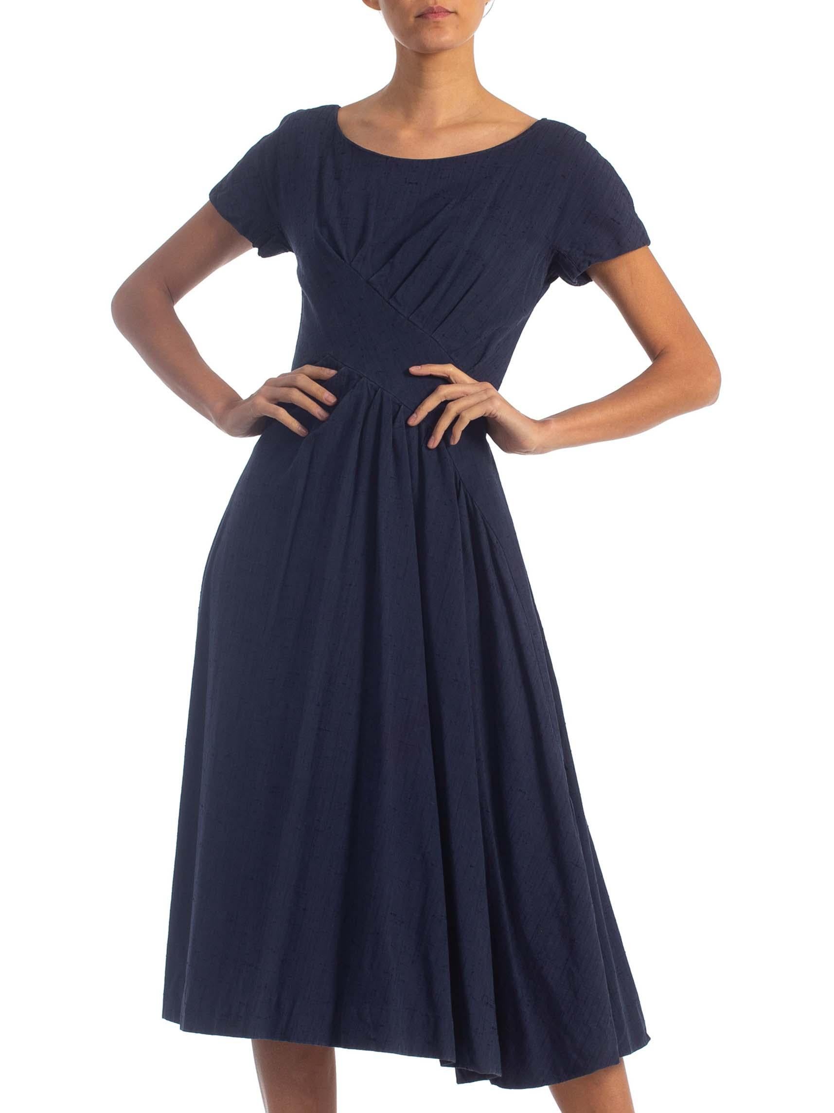 1950S SUZY PERETTE Navy Blue Cotton Blend Asymmetrical Drape Fit & Flare Dress 2