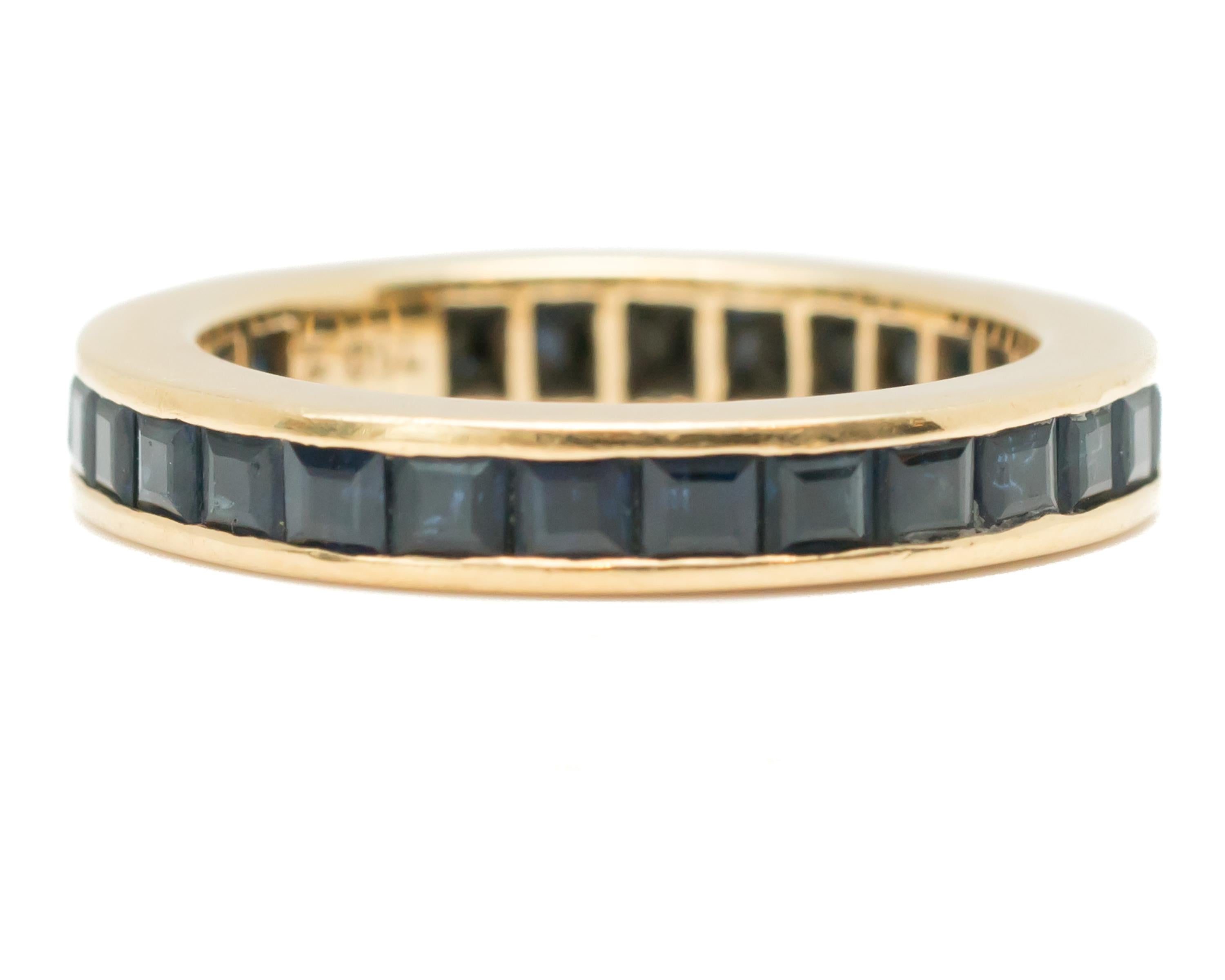 1950s Retro Sapphire Eternity Band - 18 Karat Yellow Gold, Sapphires

Features:
French cut Blue Sapphires
Channel set Blue Sapphires
18 Karat Yellow Gold
Eternity Band Design
3.25 millimeters wide
2.5 millimeters from finger to top of ring
Ring fits