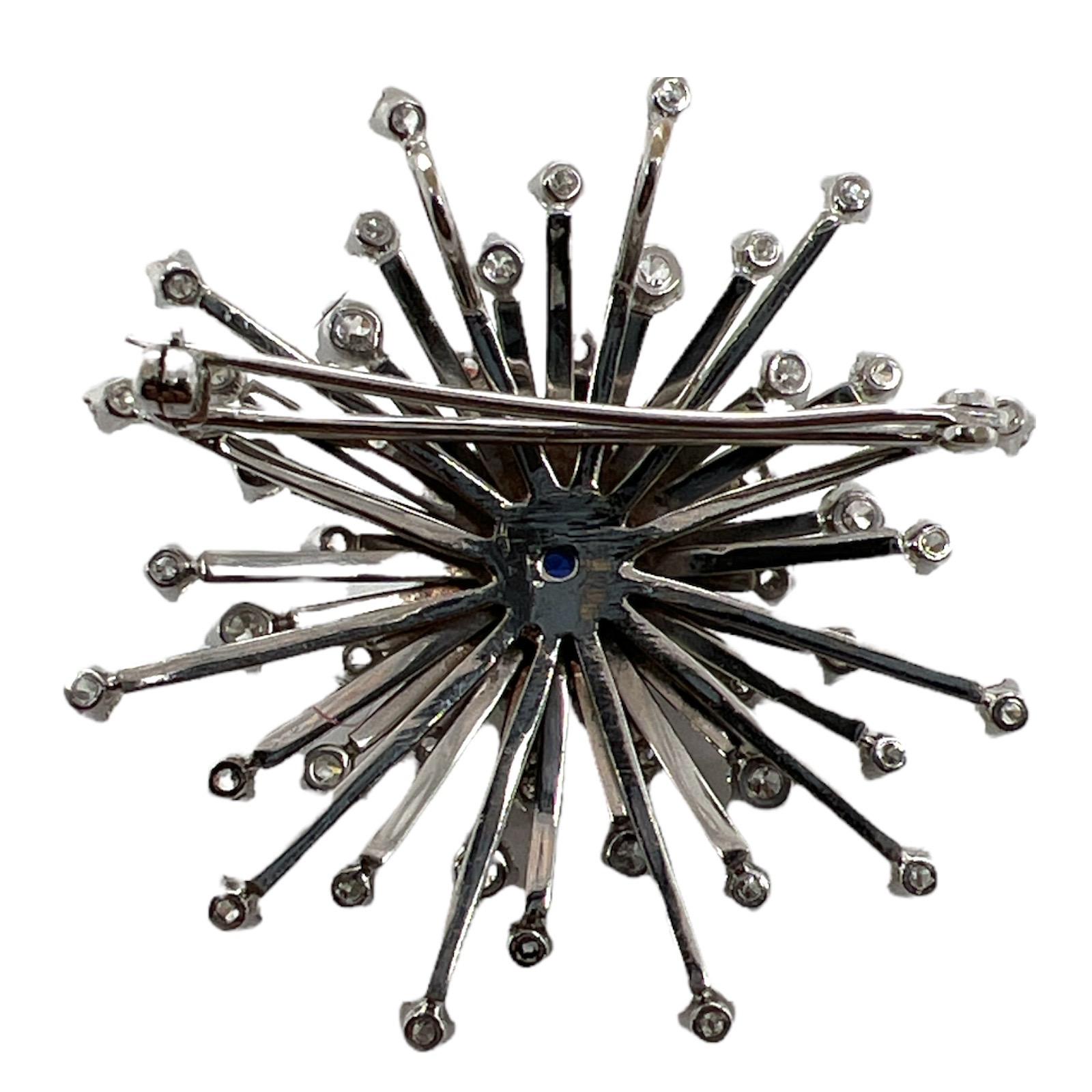 Contemporary 1950's Blue Sapphire Diamond 14 Karat White Gold Spray Pin Brooch Vintage