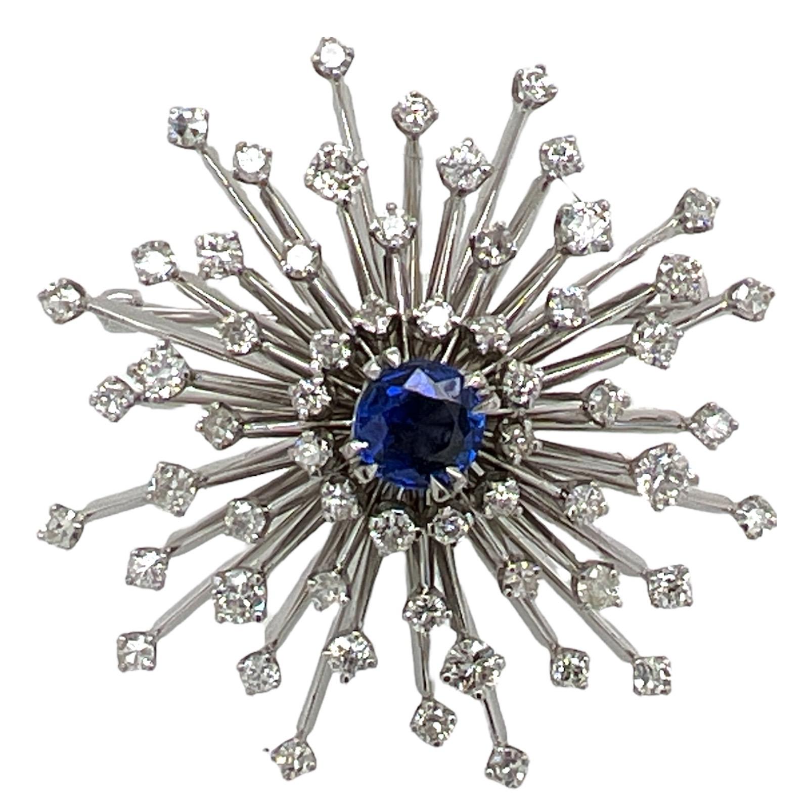 Old European Cut 1950's Blue Sapphire Diamond 14 Karat White Gold Spray Pin Brooch Vintage