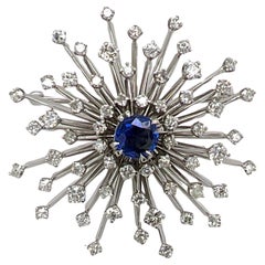 1950's Blue Sapphire Diamond 14 Karat White Gold Spray Pin Brooch Vintage