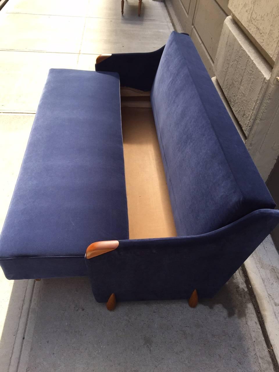 Mid-Century Modern 1950s Blue Velvet Sleeper Sofa