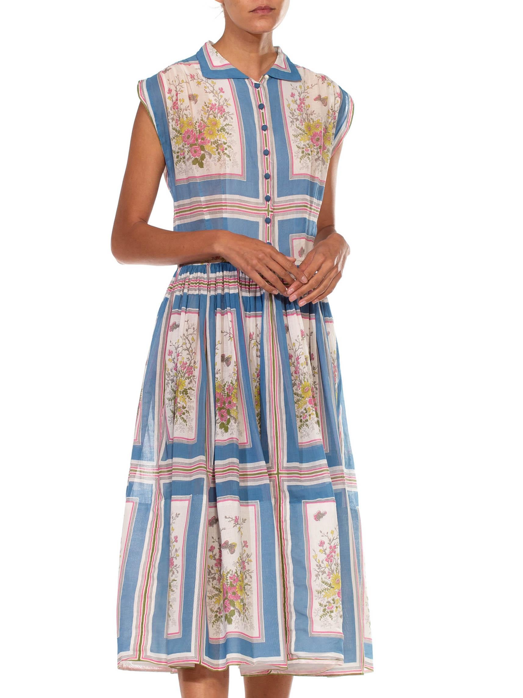 1950S Blue & White Cotton Lawn Pink Floral Printed Shirt Dress 1