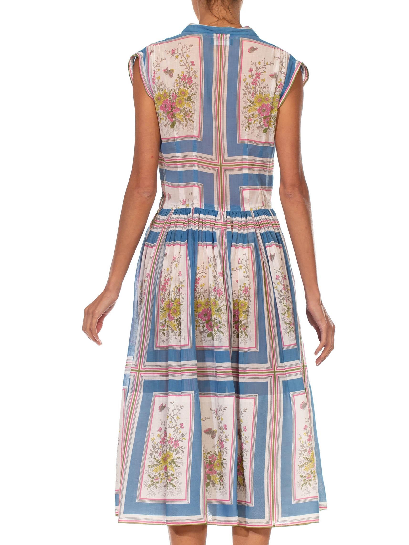 1950S Blue & White Cotton Lawn Pink Floral Printed Shirt Dress 4