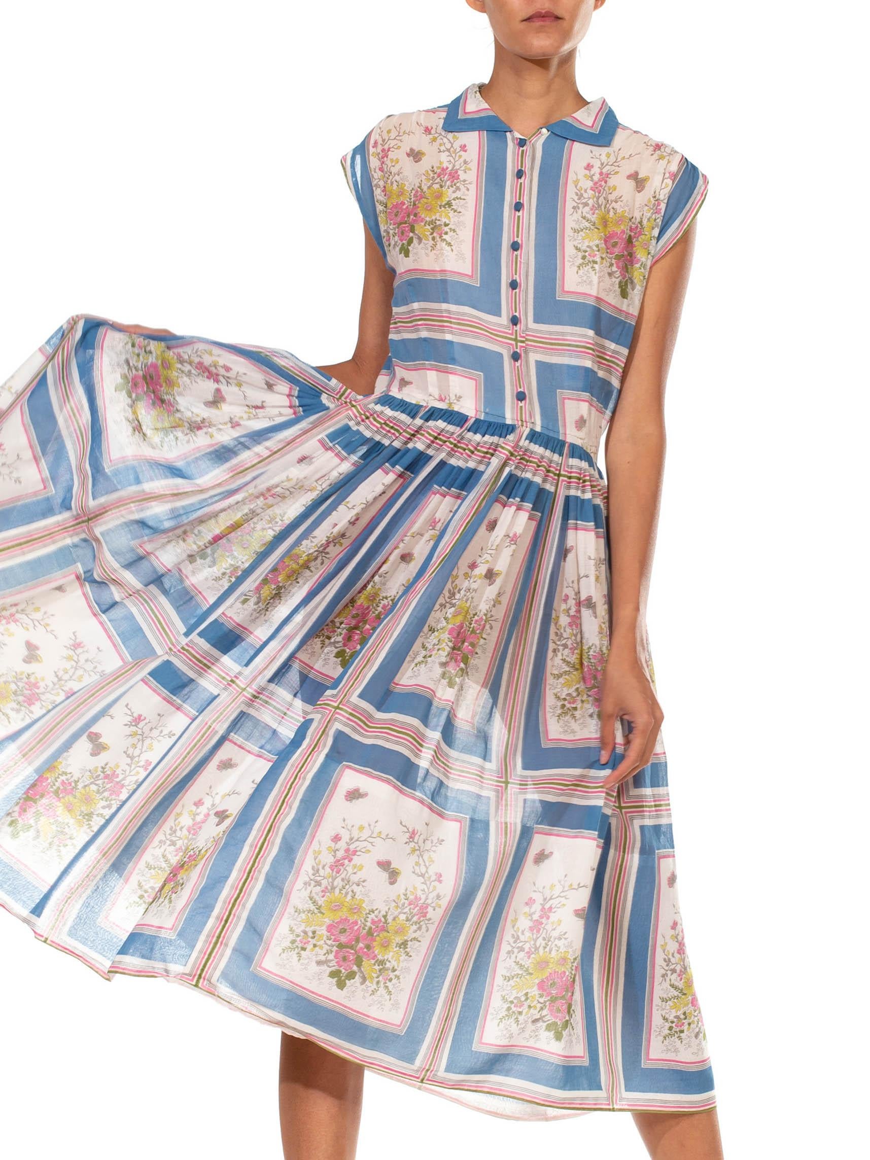 1950S Blue & White Cotton Lawn Pink Floral Printed Shirt Dress 5