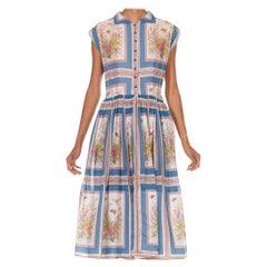 1950S Blue & White Cotton Lawn Pink Floral Printed Shirt Dress