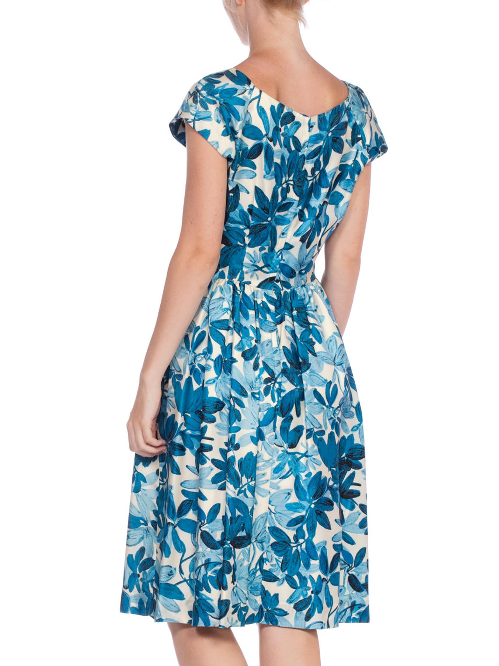 Women's 1950S Blue & White Floral Silk Twill Boat Neck Cap Sleeve Dress With Bow For Sale