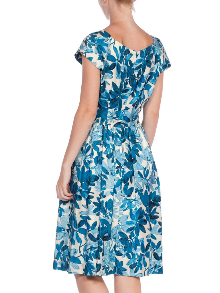 1950S Blue and White Floral Silk Twill Boat Neck Cap Sleeve Dress With ...